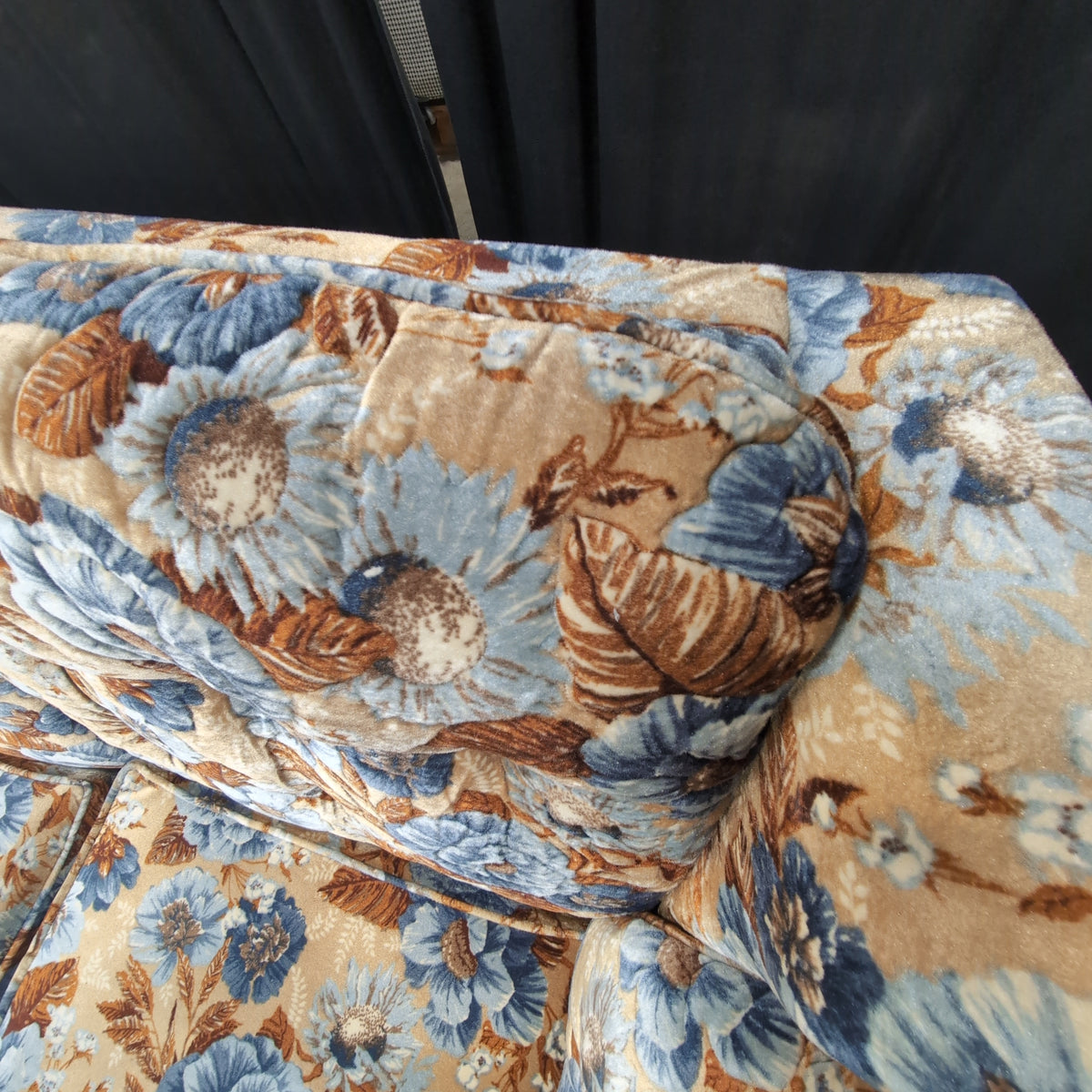 Retro Blue and Orange Floral Three-Seat Couch