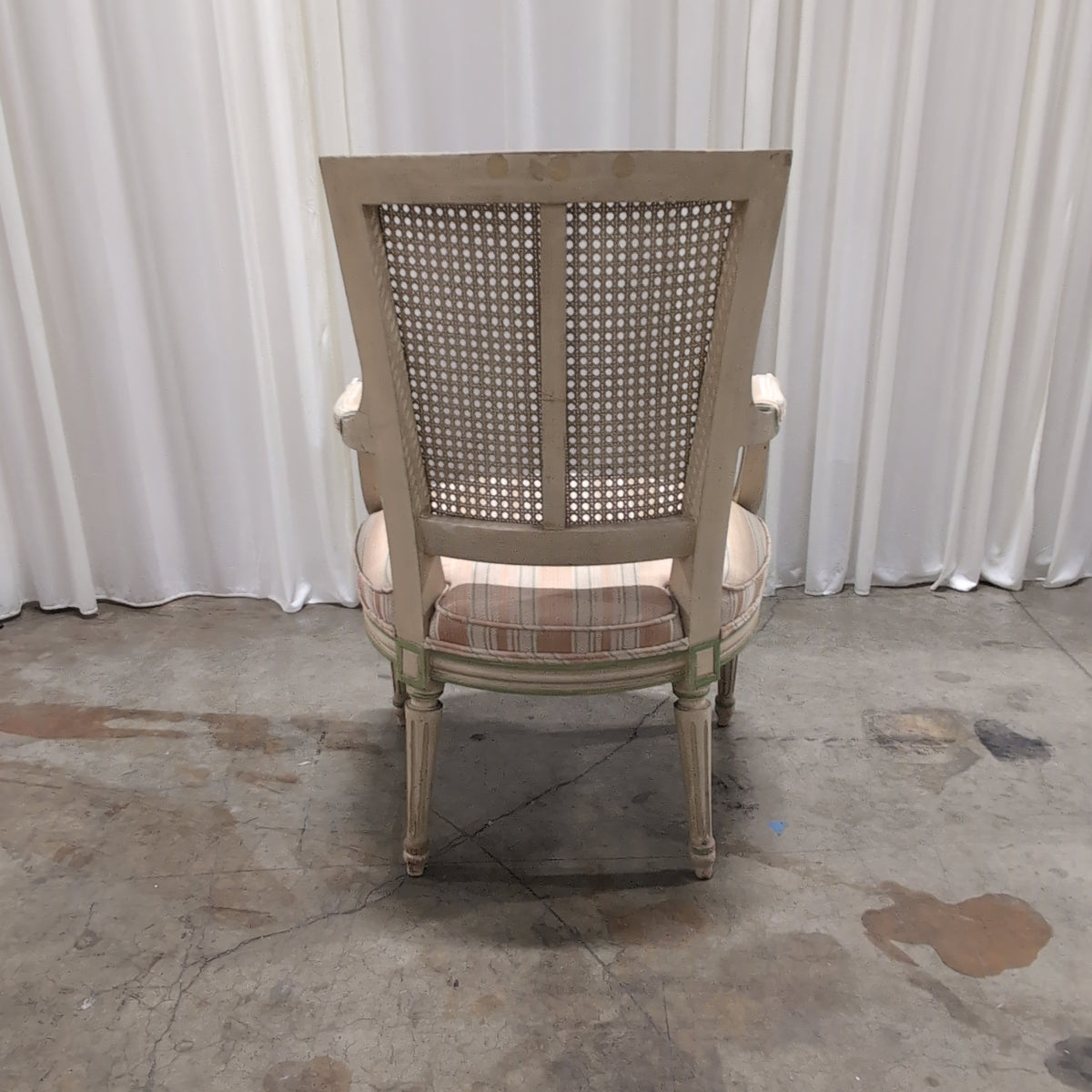 French Provincial Cane Back Accent Chair with Striped Upholstery