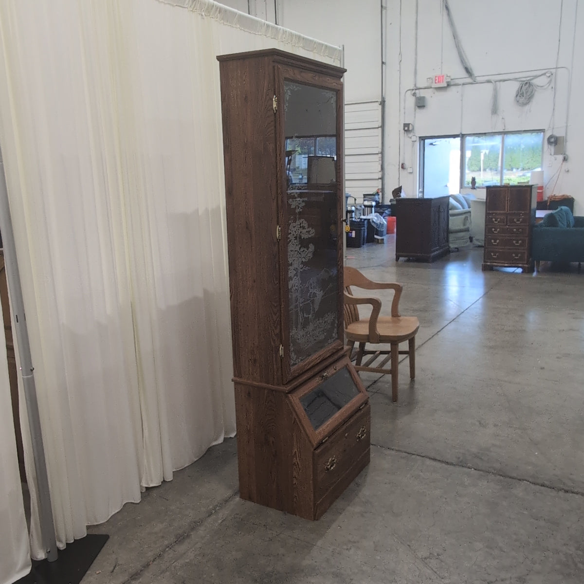 Dark Brown Wood China Cabinet with Etched Wildlife Glass