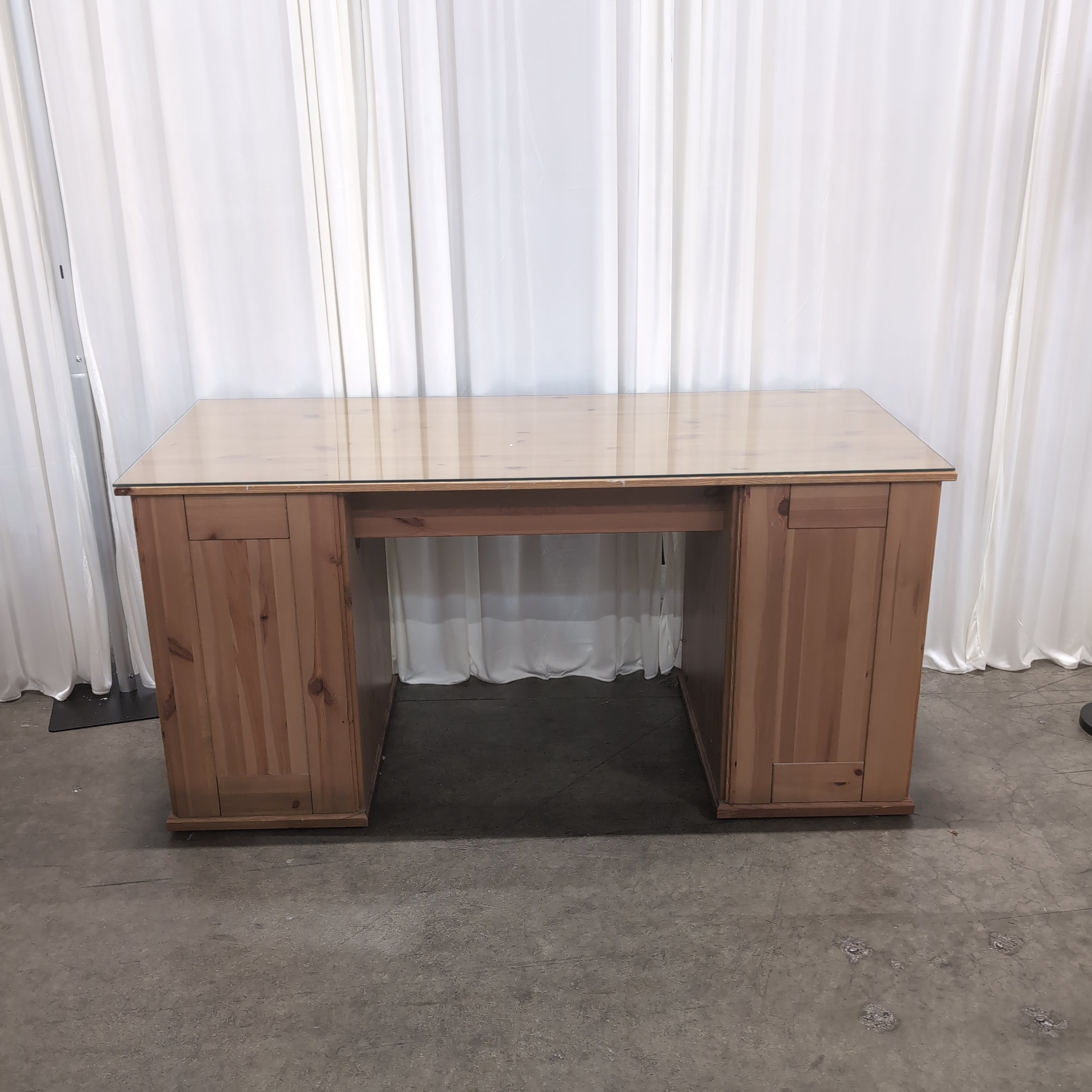 Light Wood Desk with Glass Top and Storage Drawers
