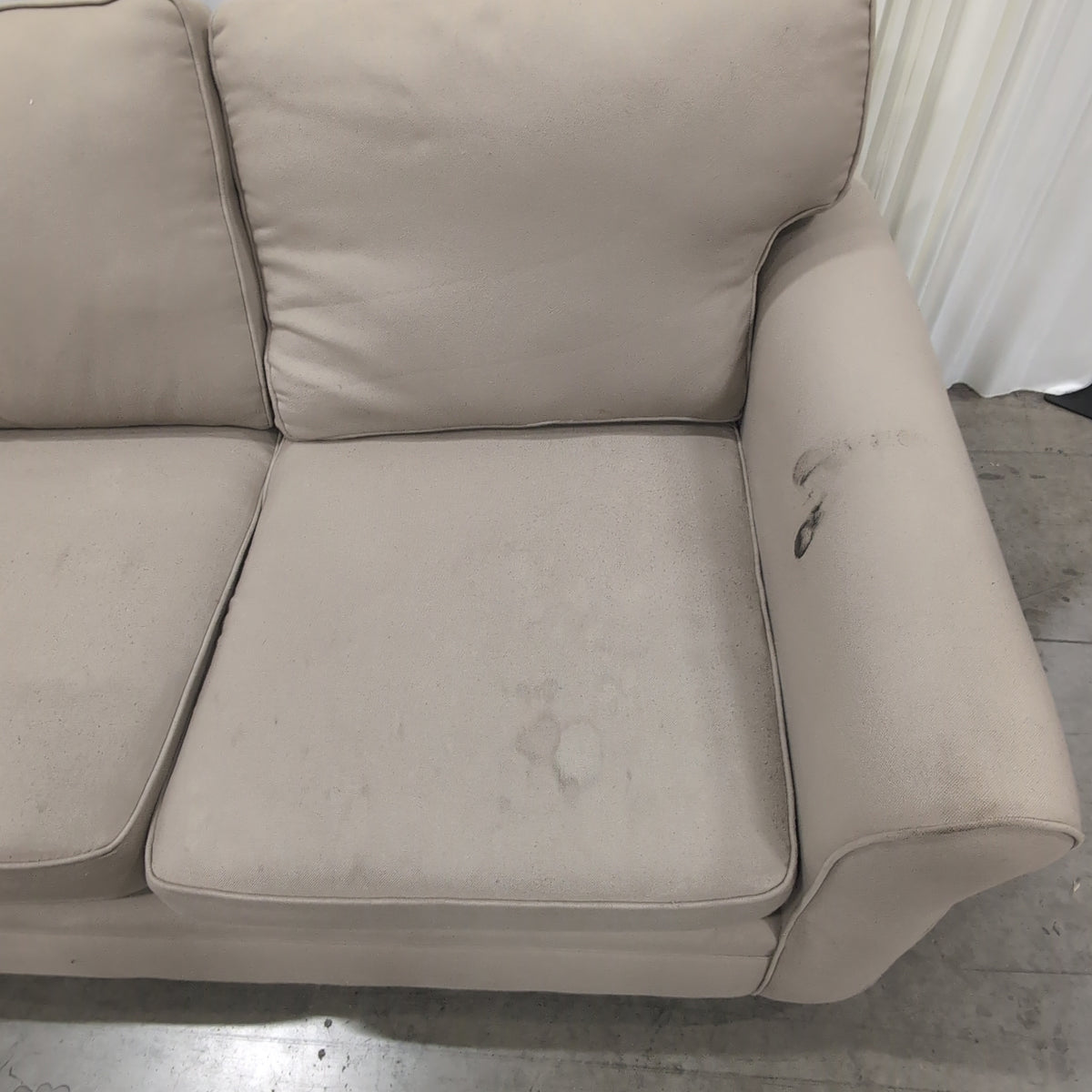 Tan Fabric Rolled Arm Loveseat