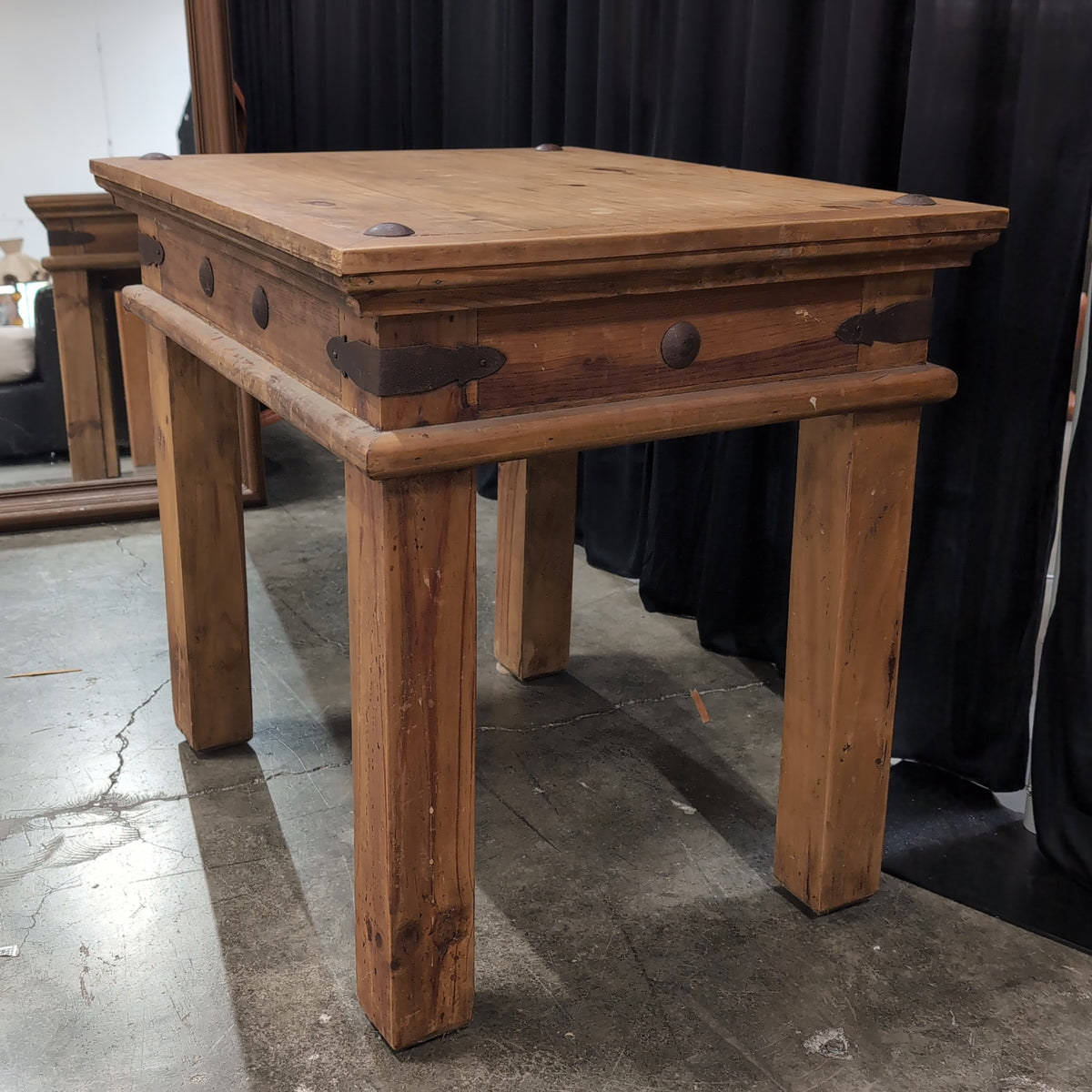Rustic Light Brown Wood End Table with Metal Hardware