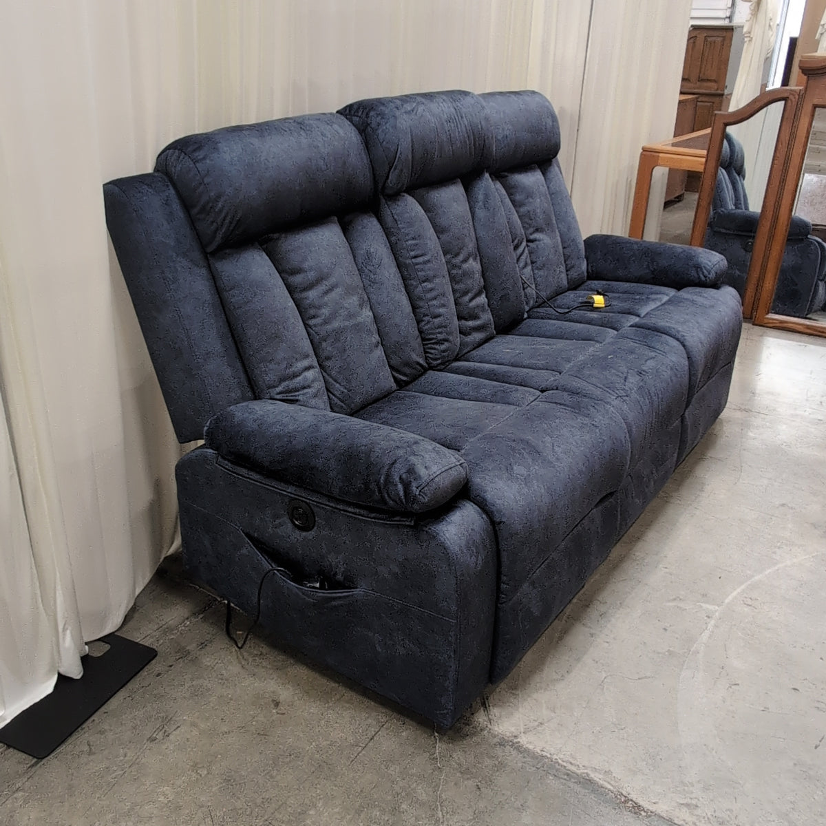 Charcoal Blue Microsuede Reclining Couch with Channel Tufting