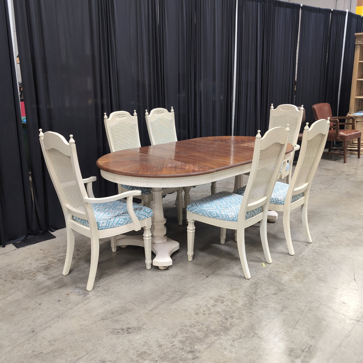 Cream Painted Pedestal Dining Table with Cane Back Chairs