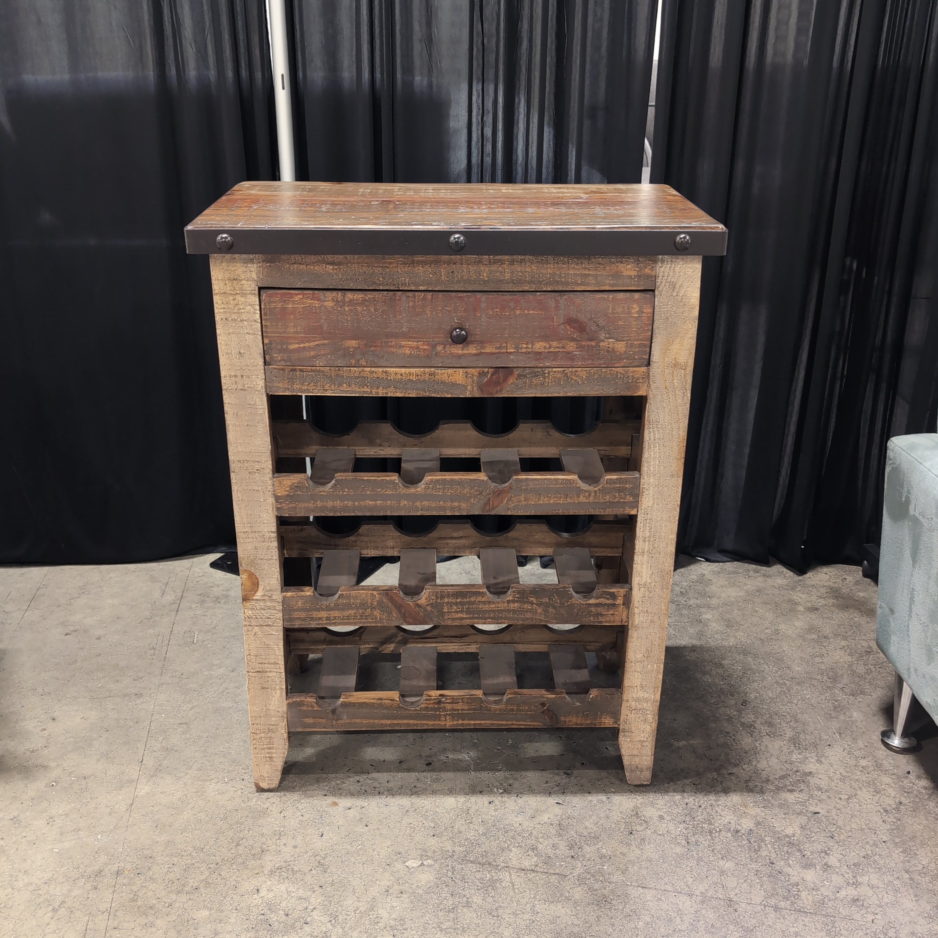Rustic Wood End Table with Wine Rack Storage
