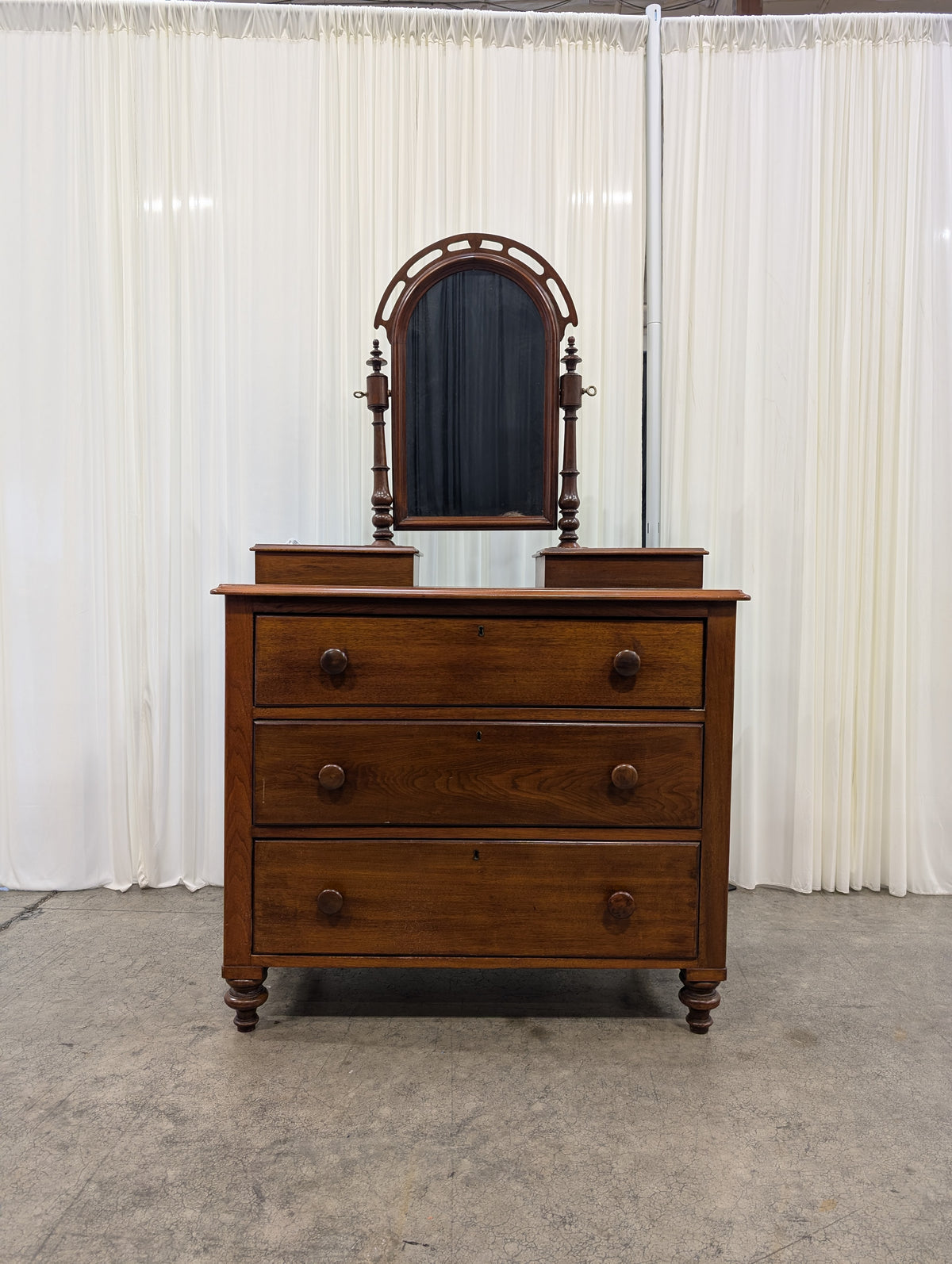 Antique Wood Three-Drawer Dresser with Lift-Top Boxes
