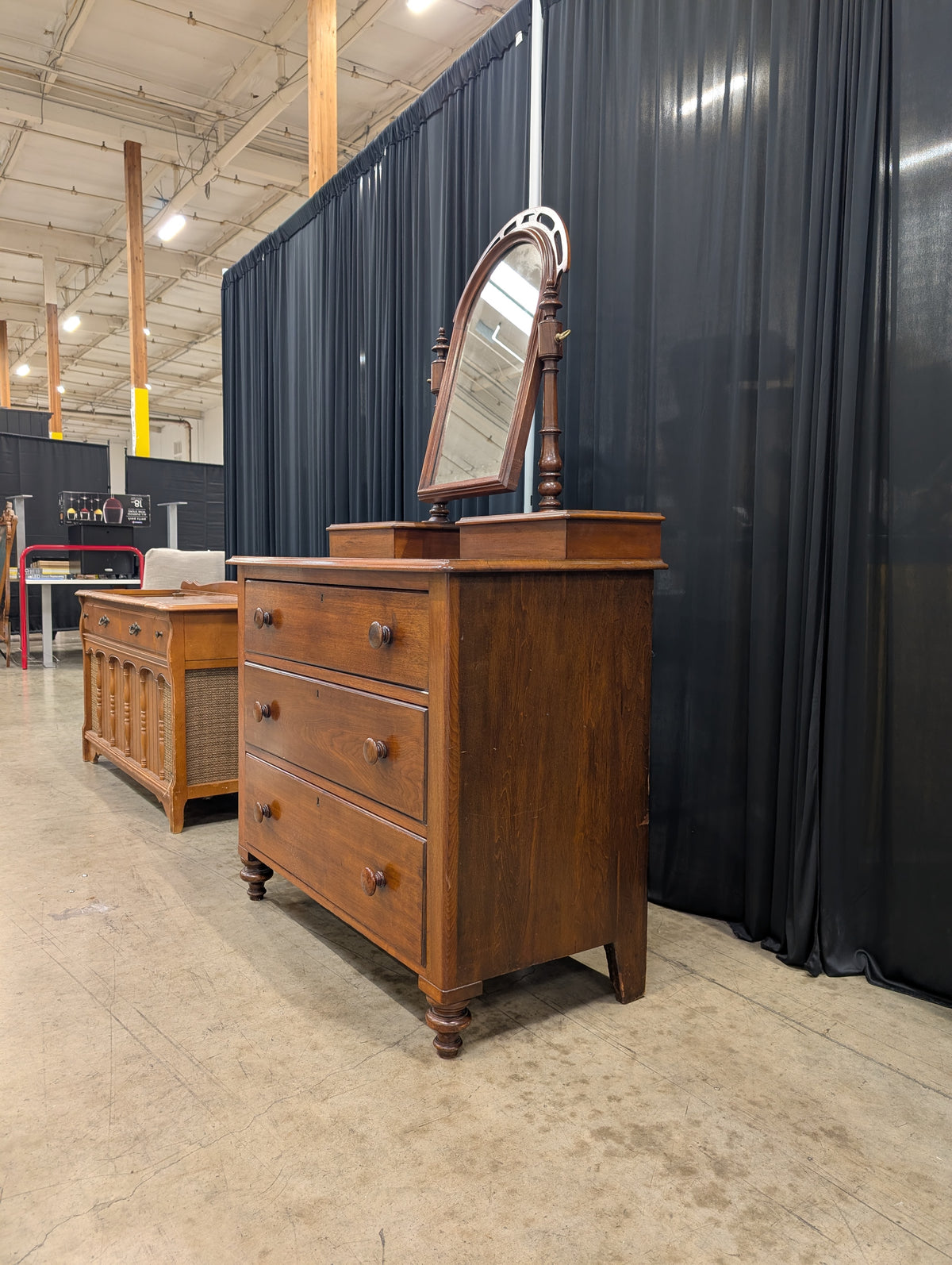 Antique Wood Three-Drawer Dresser with Lift-Top Boxes