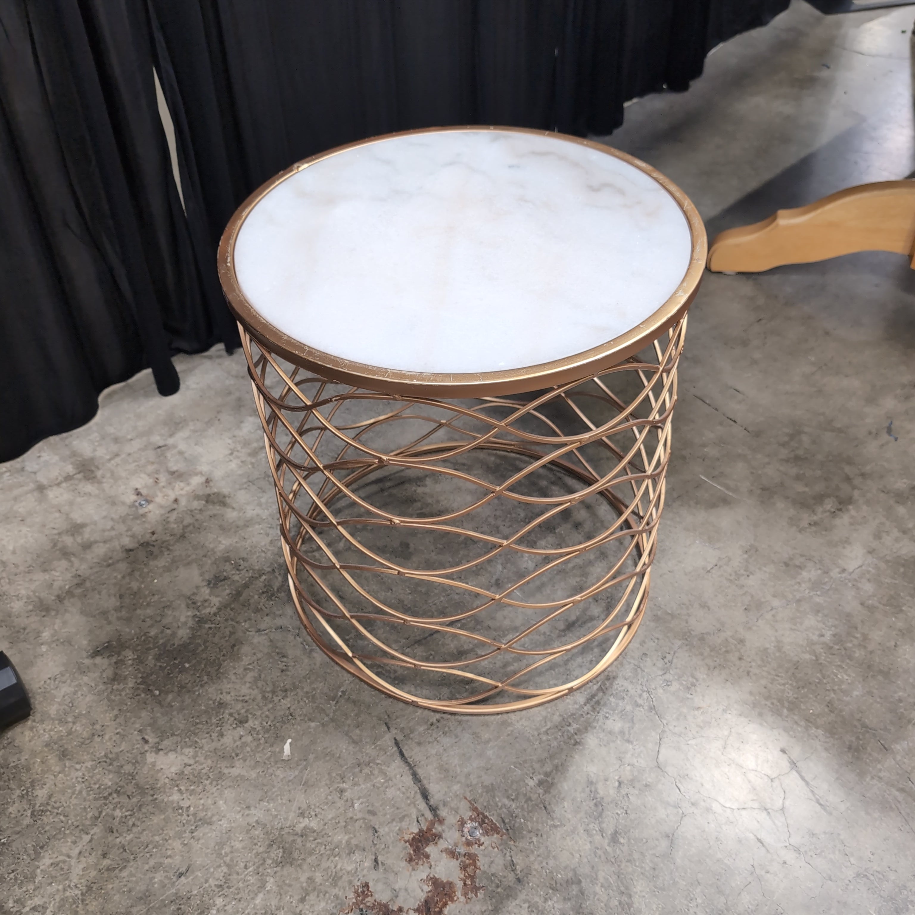 Gold Geometric Round End Table with White Top