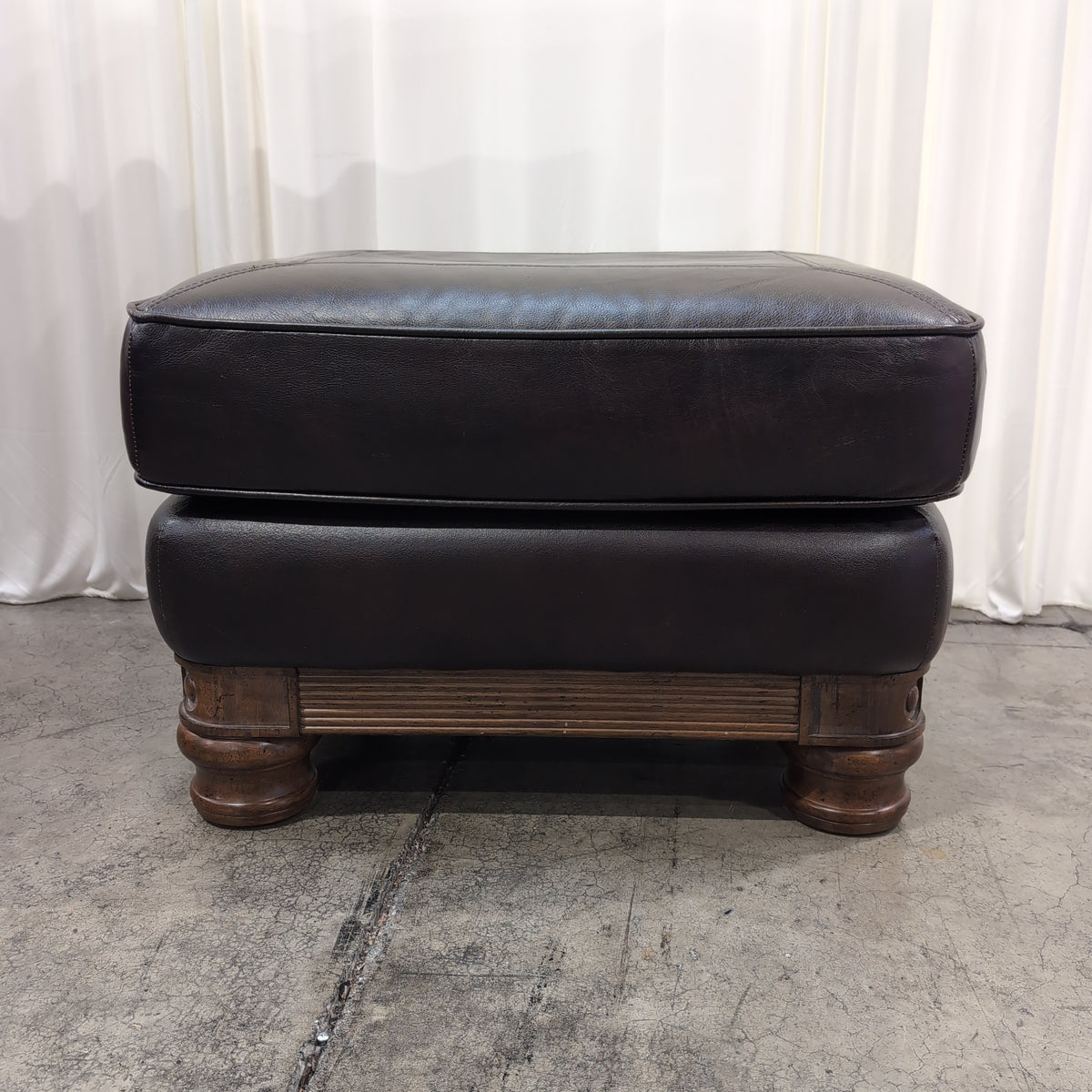 Dark Brown Leather Square Ottoman with Turned Wood Feet