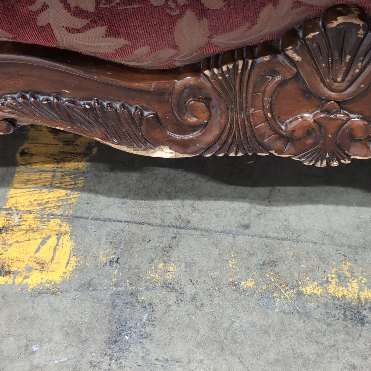 Traditional Red and Gold Brocade Couch with Carved Wood Frame