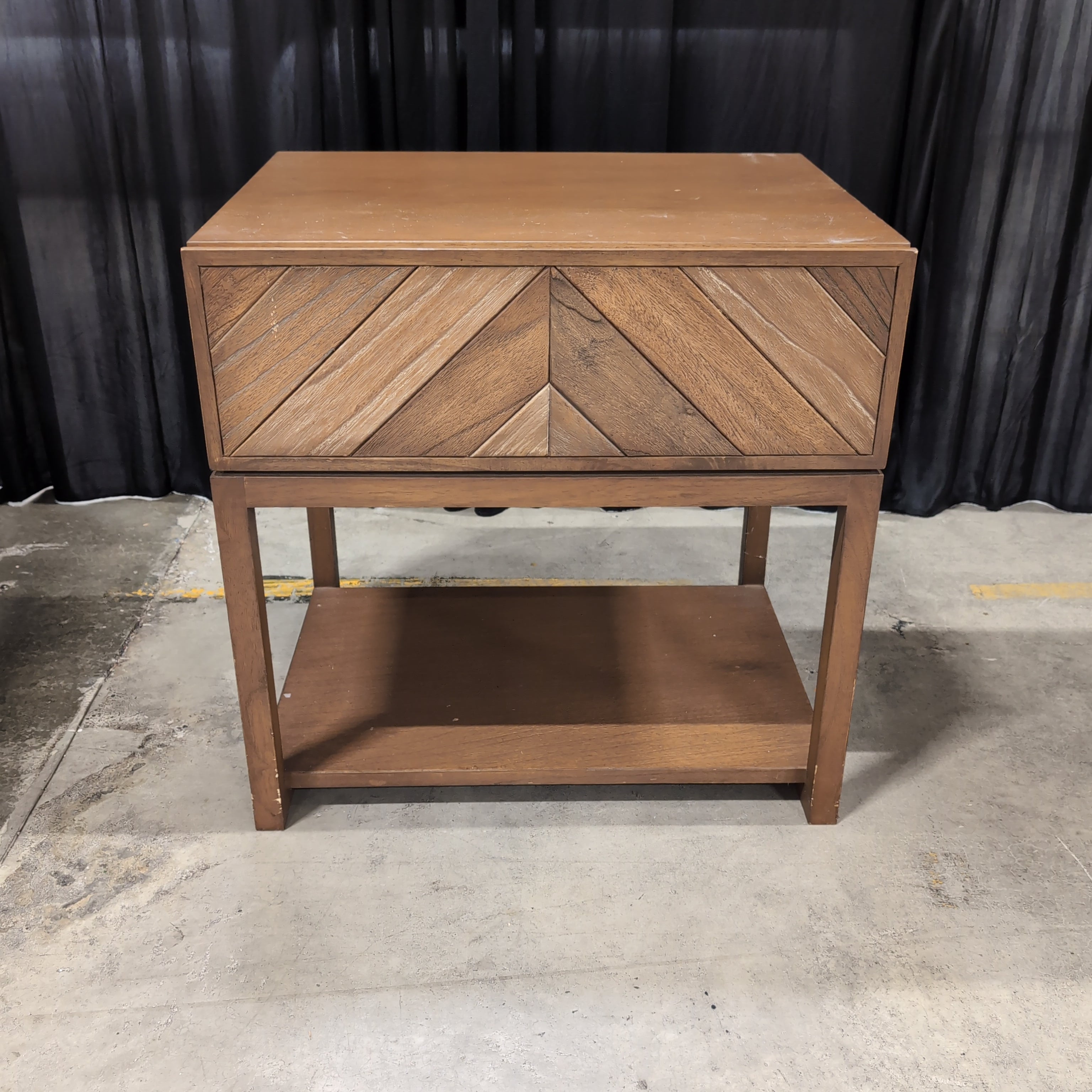 Crate & Barrel Warm Brown Wood Nightstand with Geometric Drawer