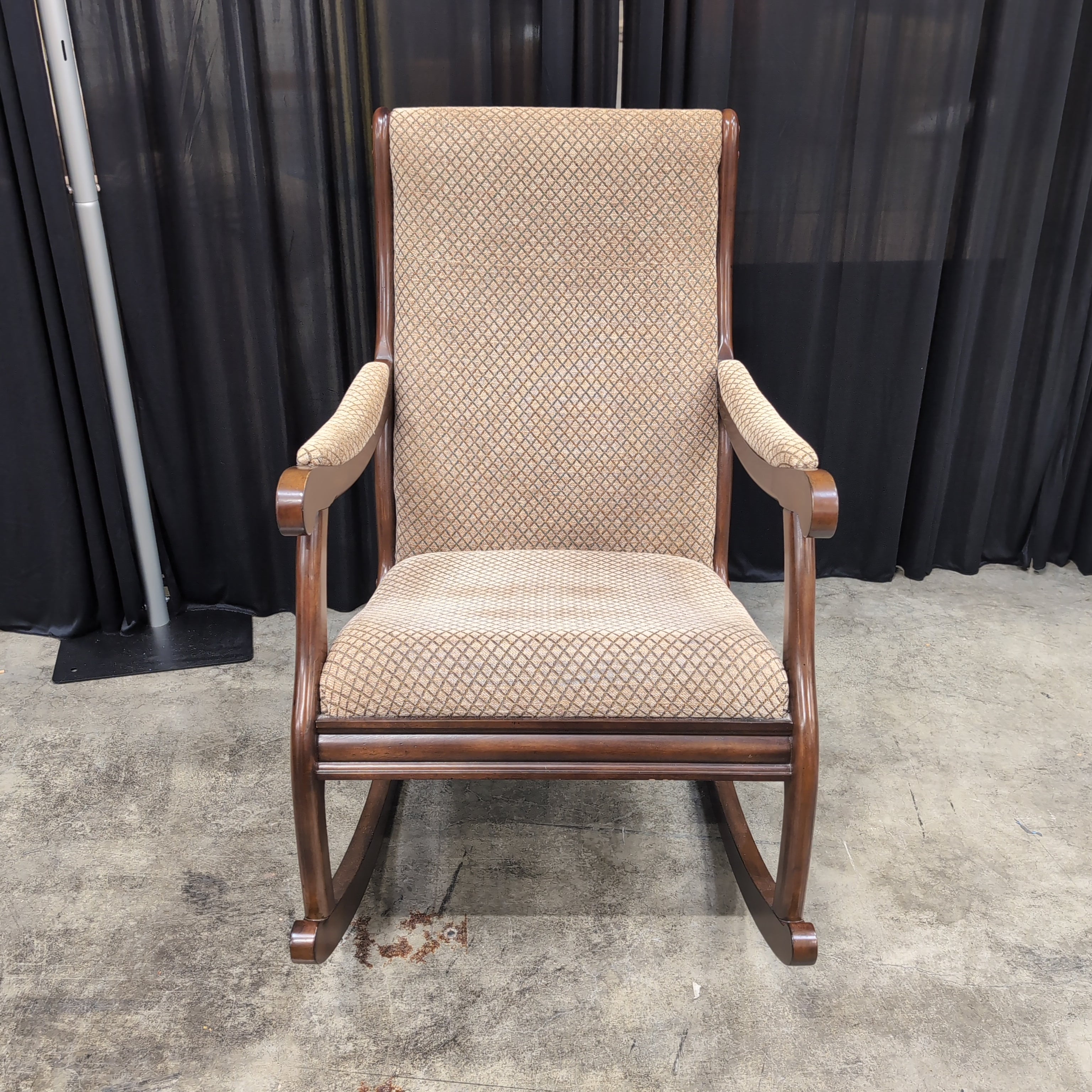 Traditional Dark Wood Rocking Chair with Patterned Upholstery