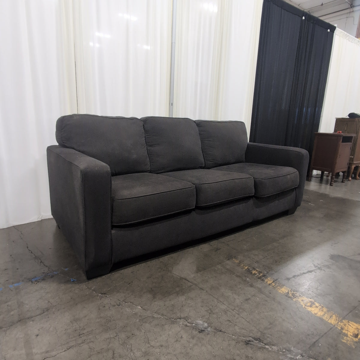 Textured Grey Fabric Couch with Track Arms
