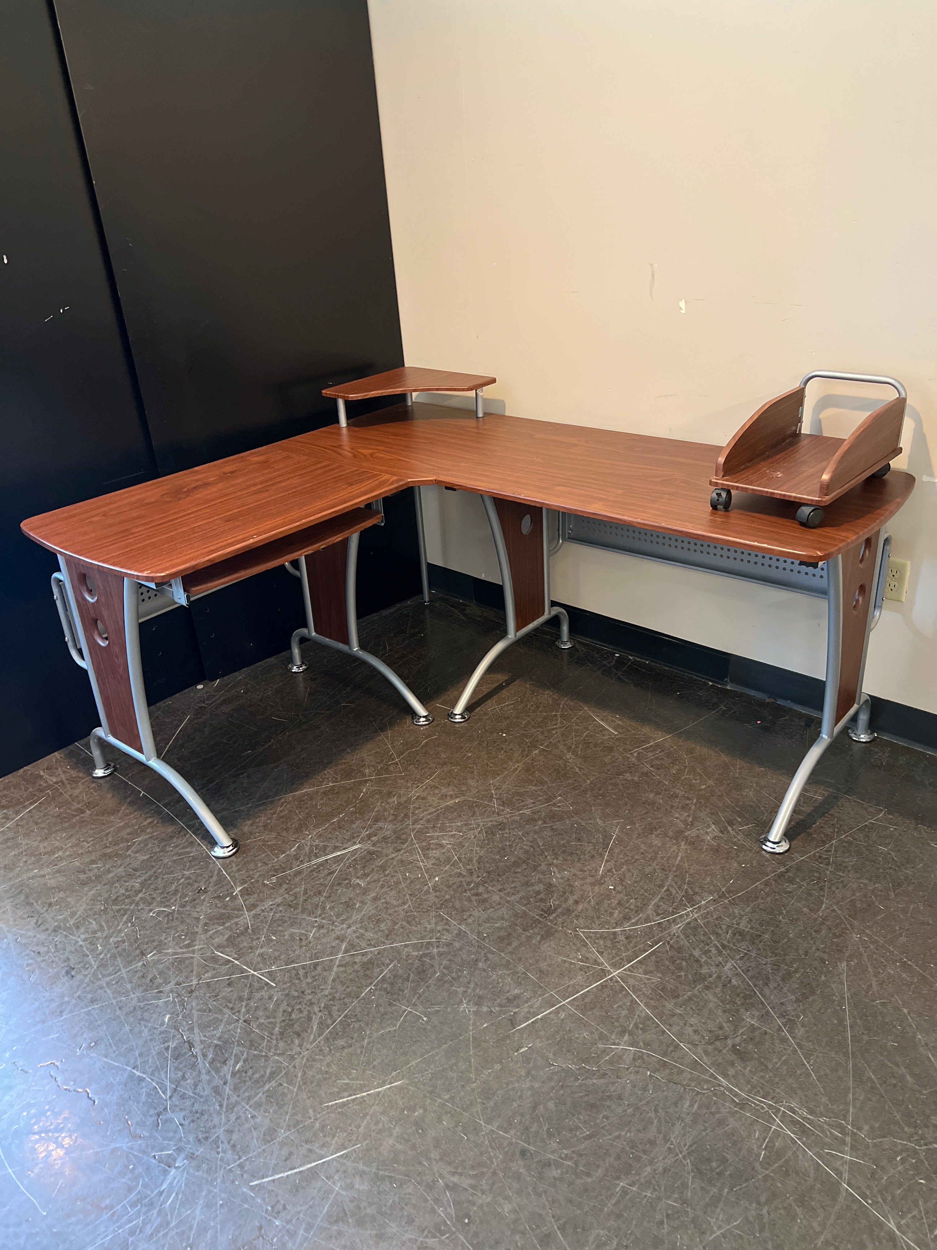 Modern L-Shaped Computer Desk with Riser and Rolling CPU Stand