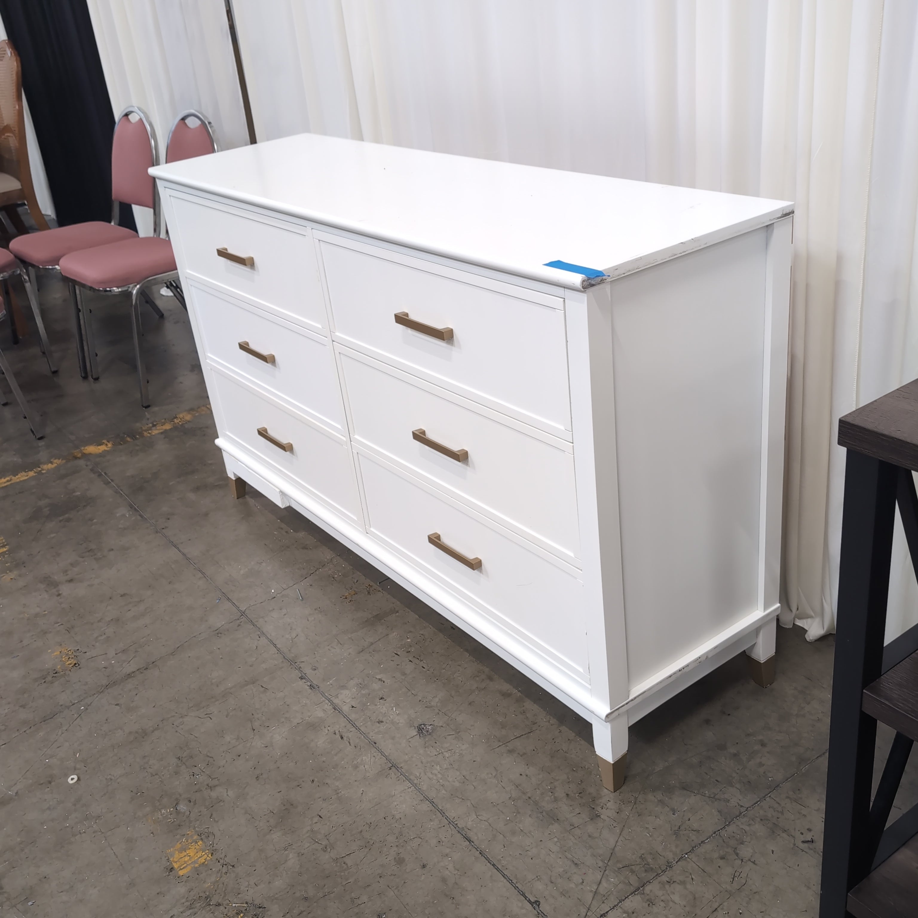 White Six-Drawer Wood Dresser with Gold Hardware