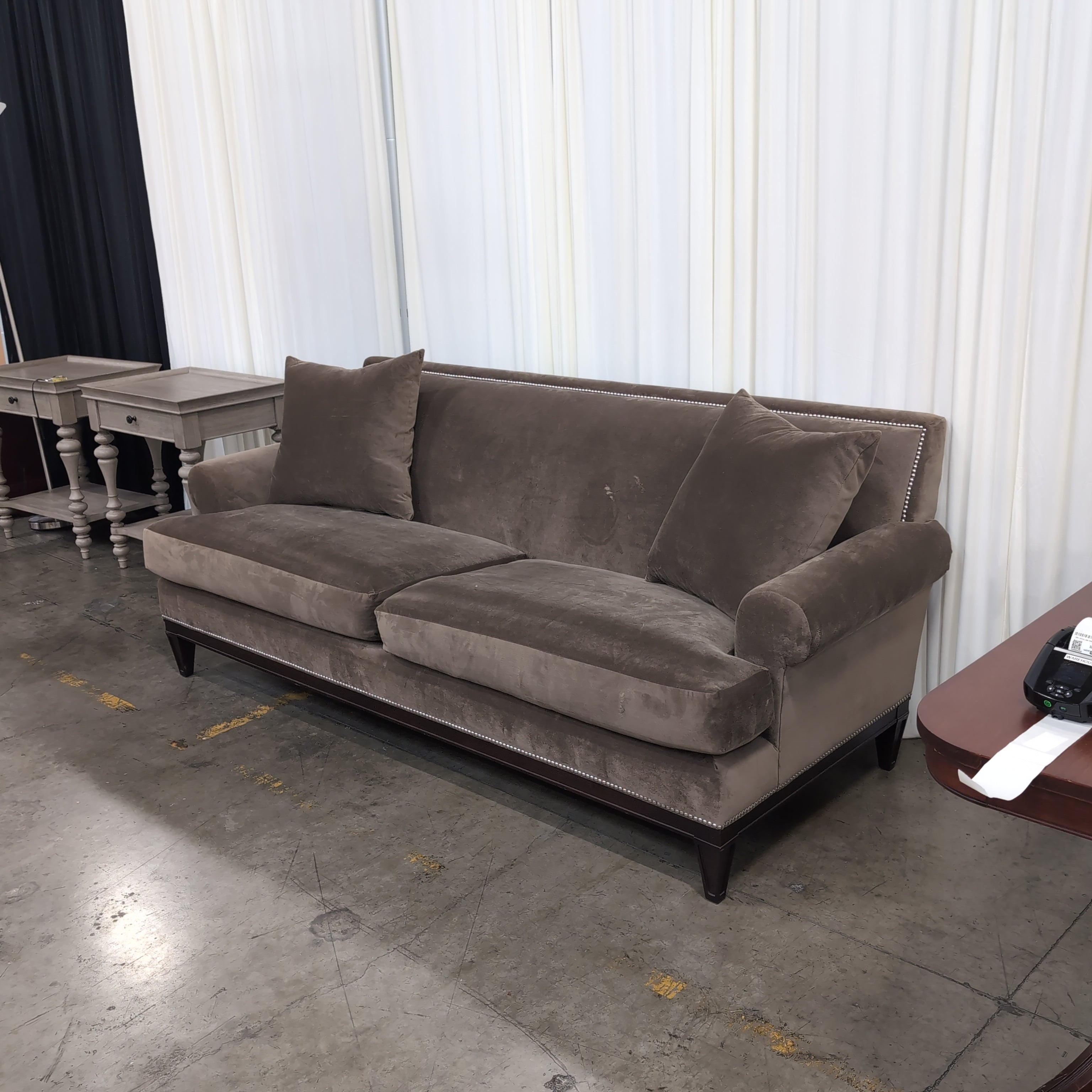 Taupe Fabric Two-Seat Couch with Nailhead Trim