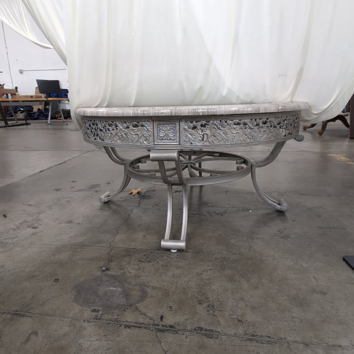 Silver-Toned Ornate Round Coffee Table with Glass Top