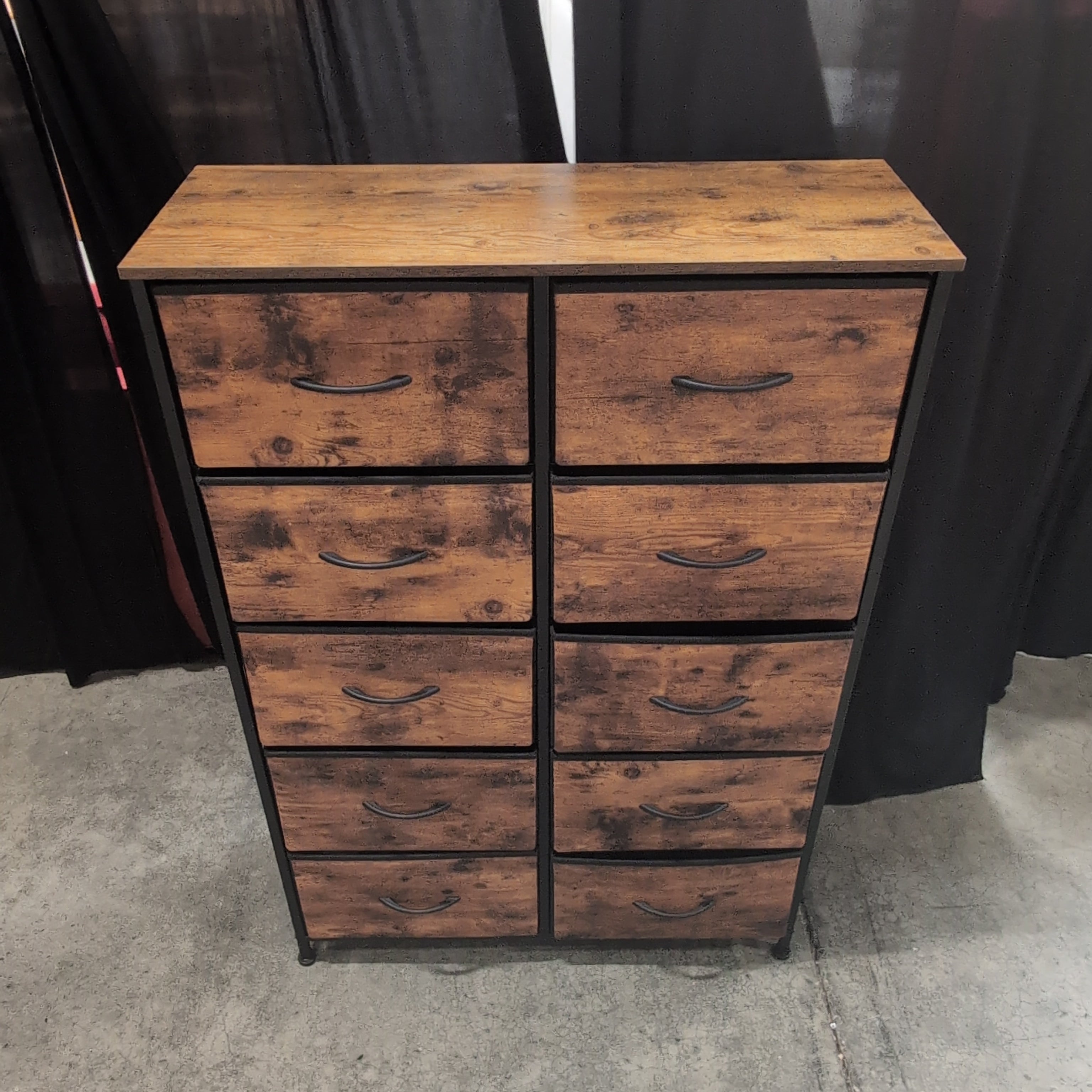 Rustic Brown Ten-Drawer Dresser in Metal and Fabric
