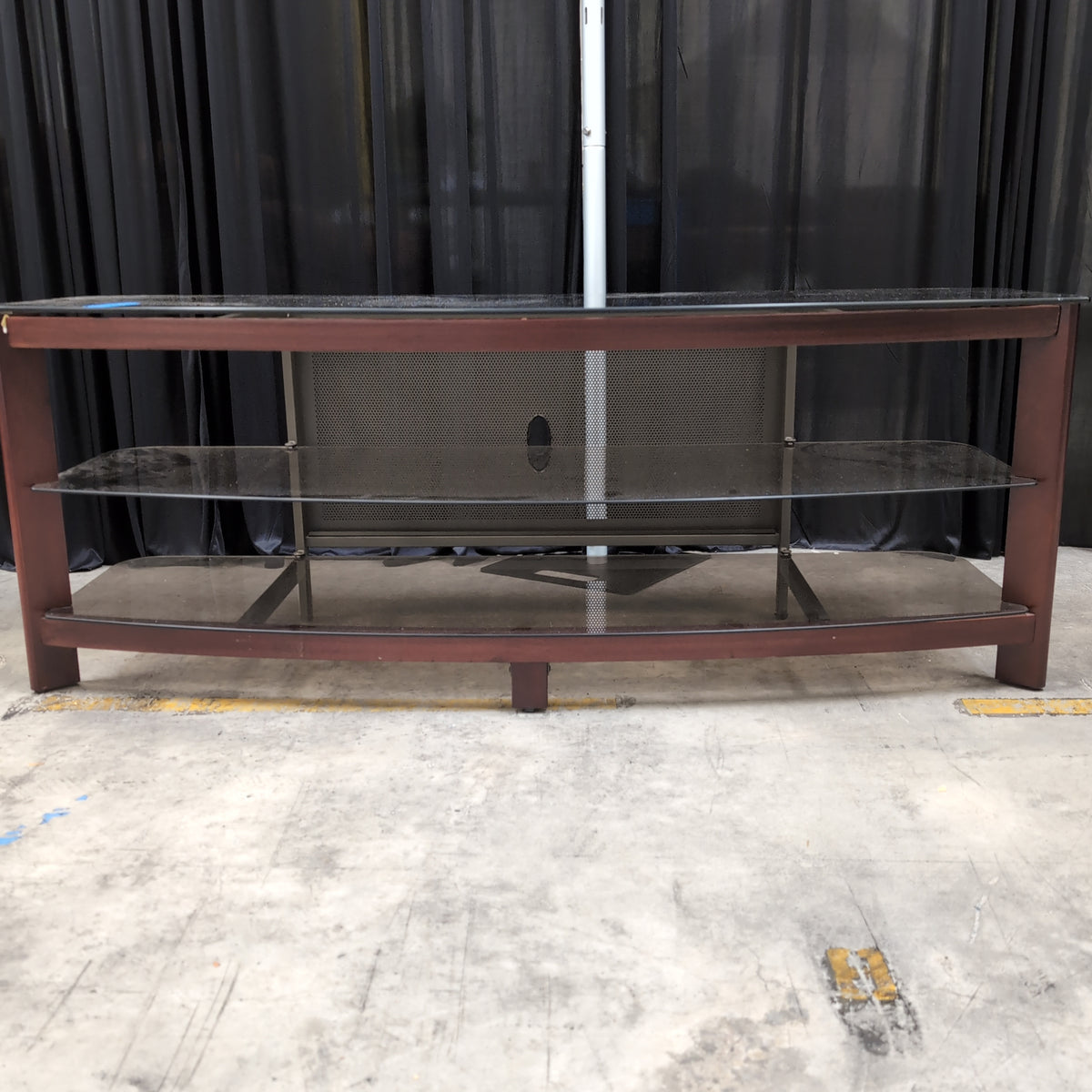 Dark Wood Curved Front Three-Tier TV Stand with Glass Shelves