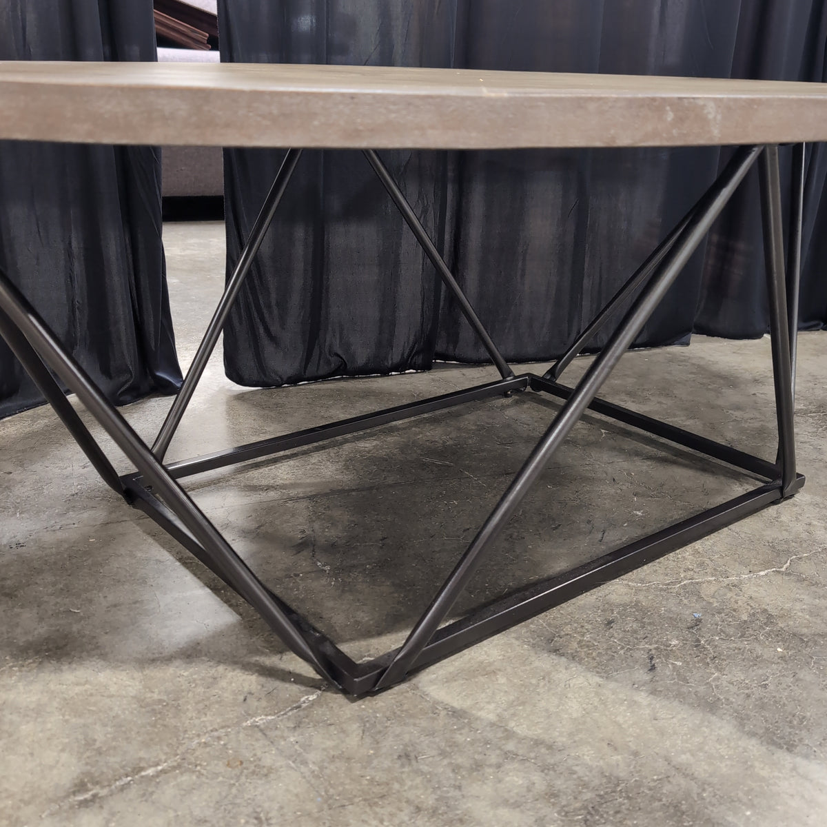 Oval Grey Wood Coffee Table with Geometric Metal Base