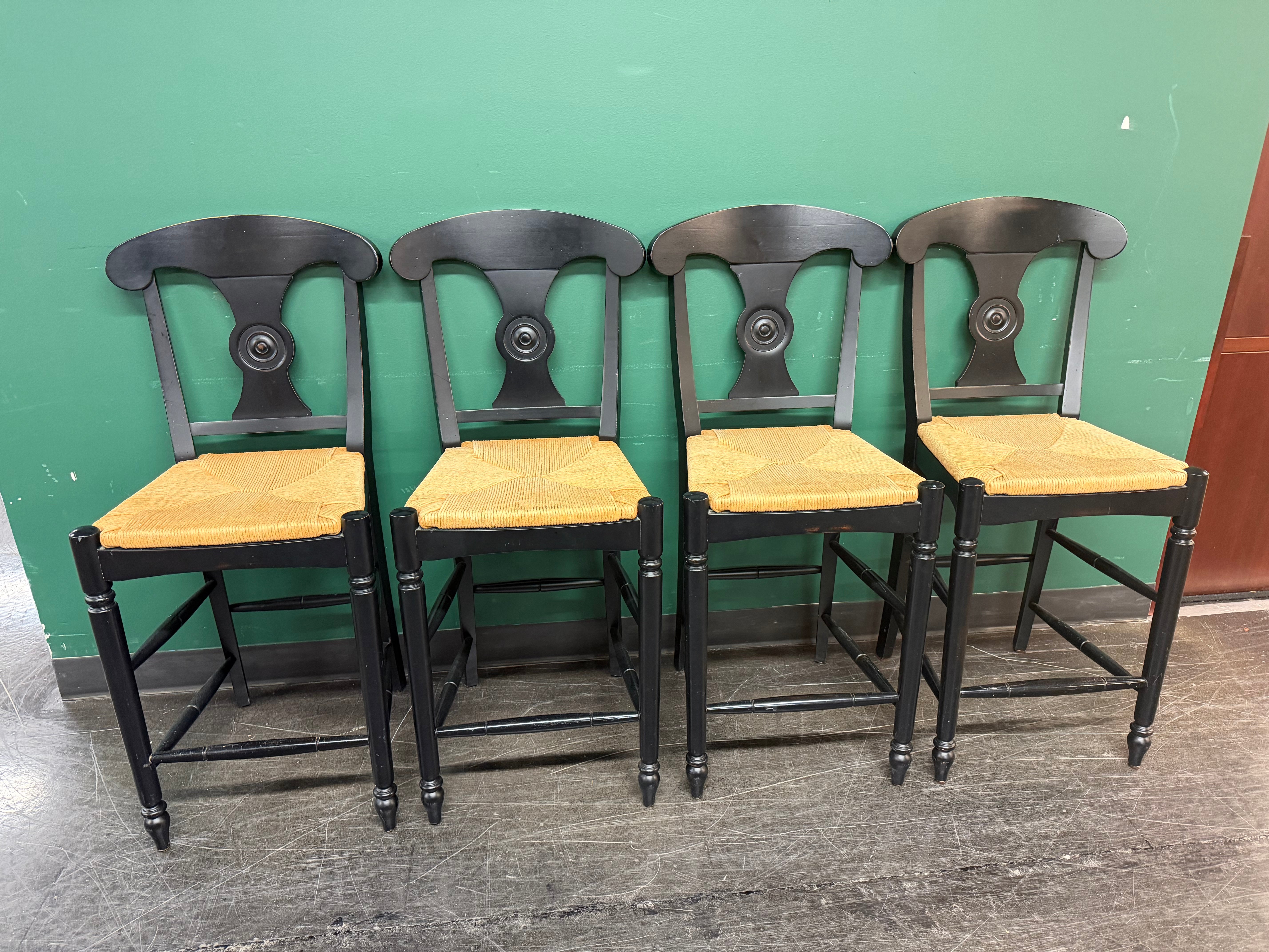 Ethan Allen Vintage French Country Rush Seat Bar Stools in Black, Set of Four