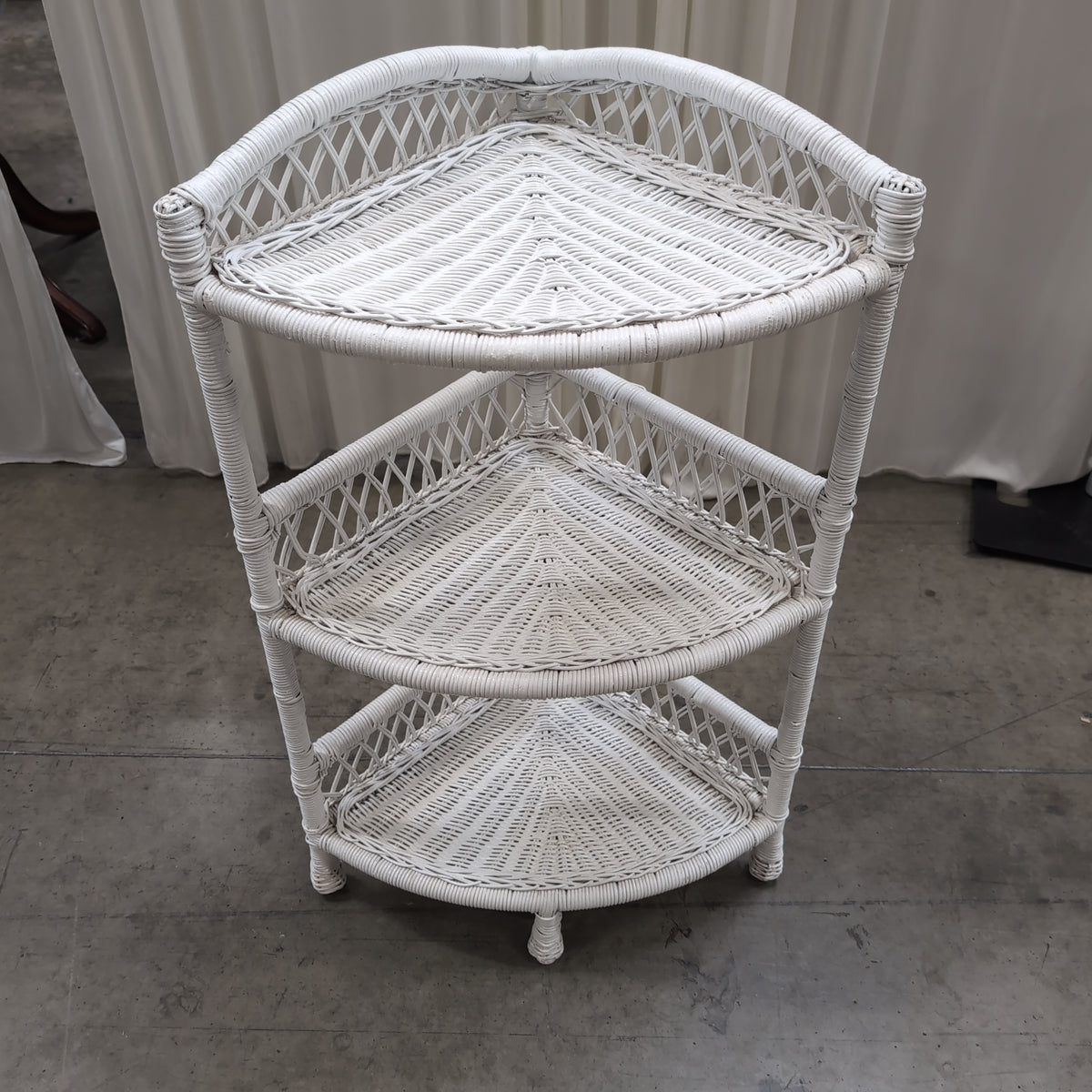White Wicker Three-Tier Corner Shelf