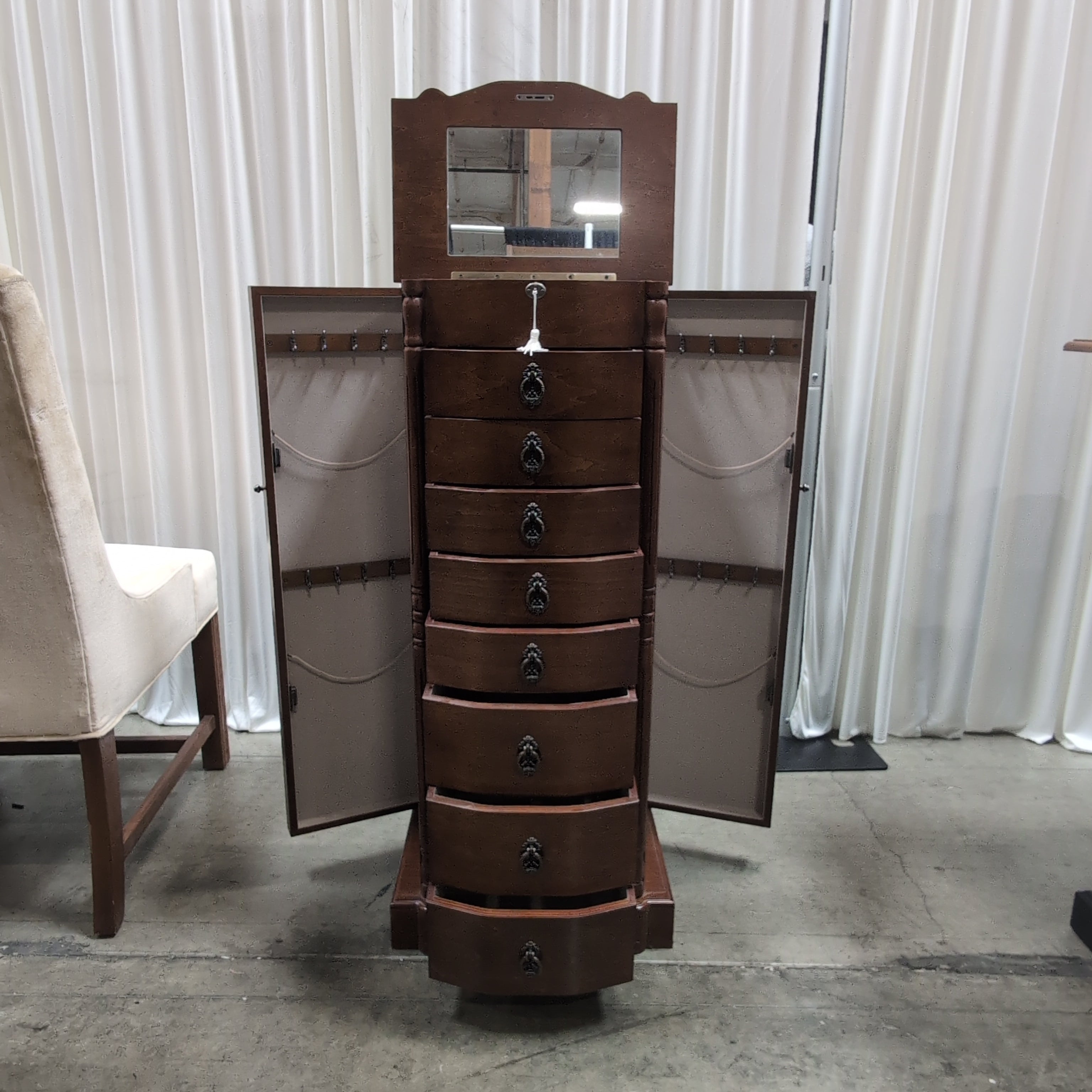 Cherry Finish Jewelry Armoire with Ornate Hardware