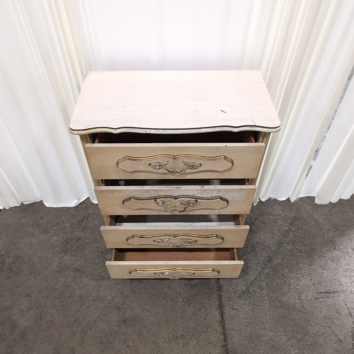 Beige French Provincial Wood Dresser with Ornate Hardware