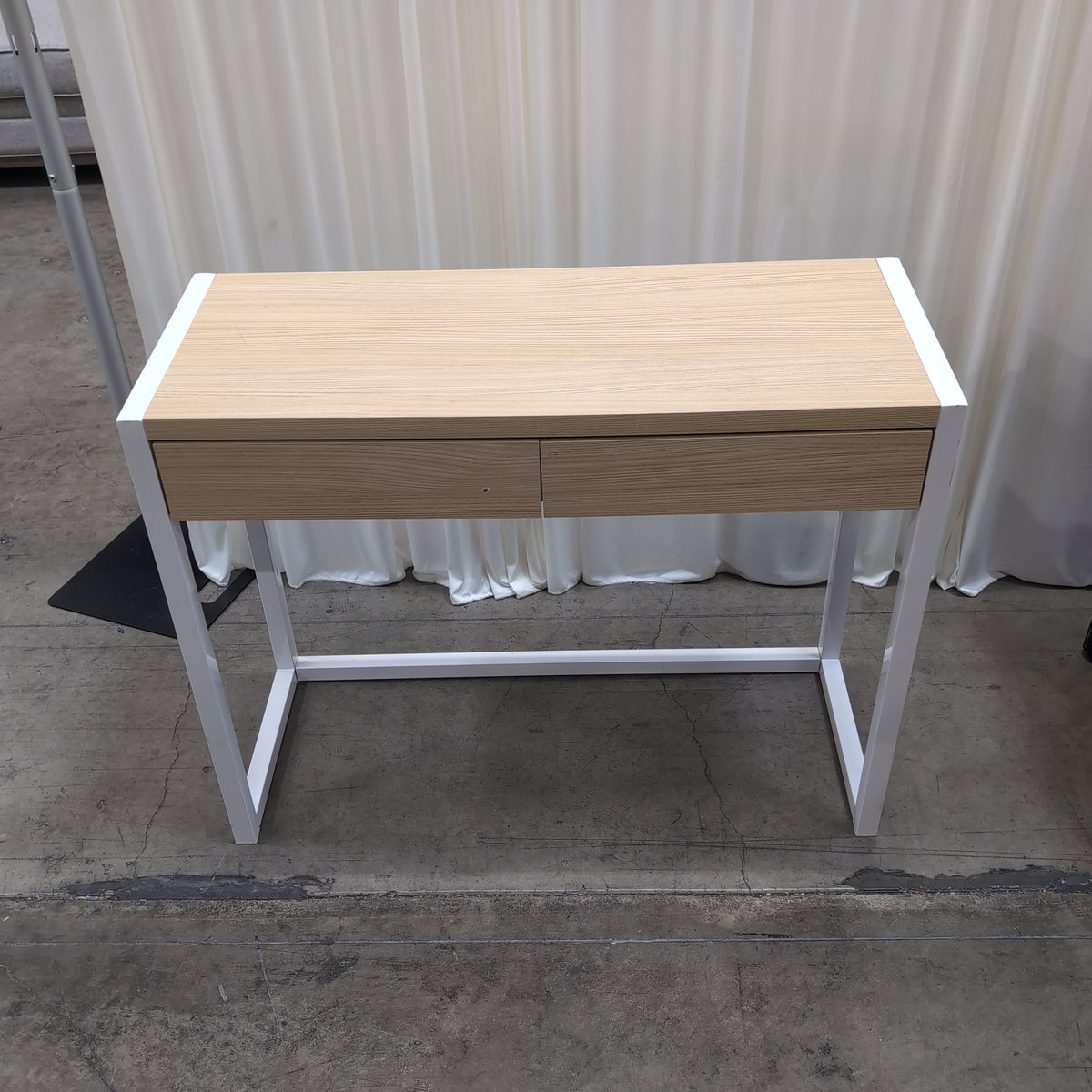 Light Wood Two-Drawer Desk with White Metal Frame