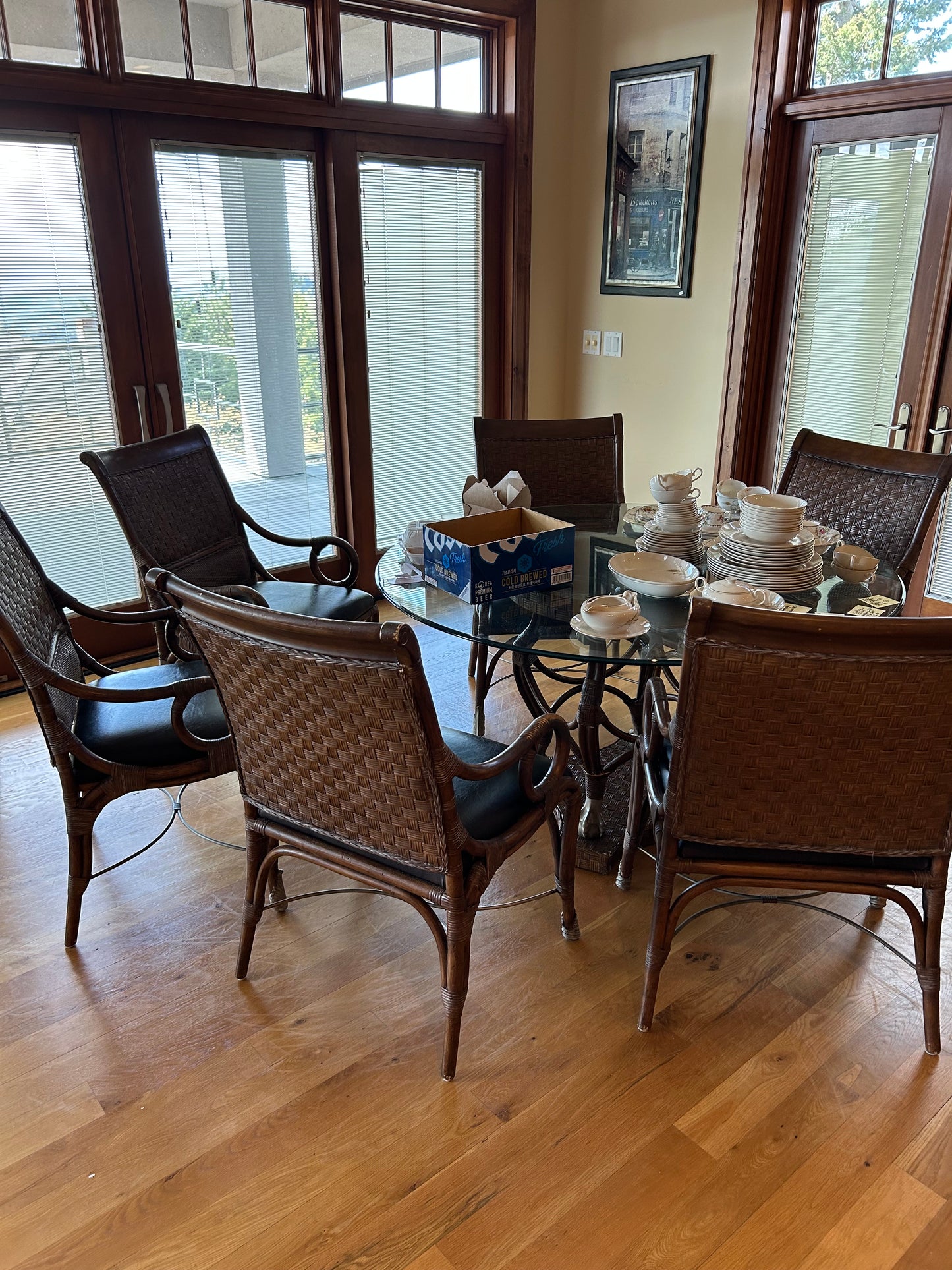 Hollywood Regency Glass and Metal And Rattan Patio Table and 6 Chairs