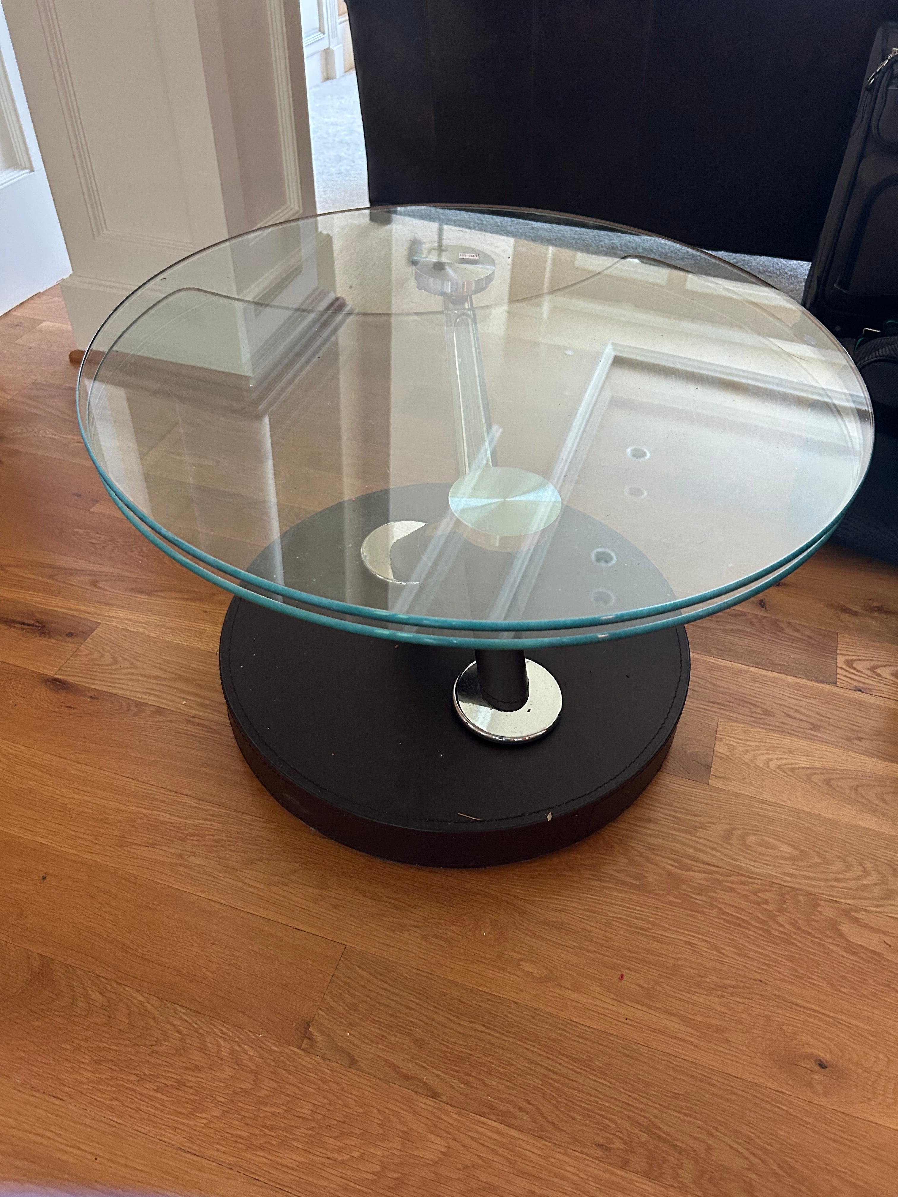 Modern Glass Coffee Table with Brown Leather Base