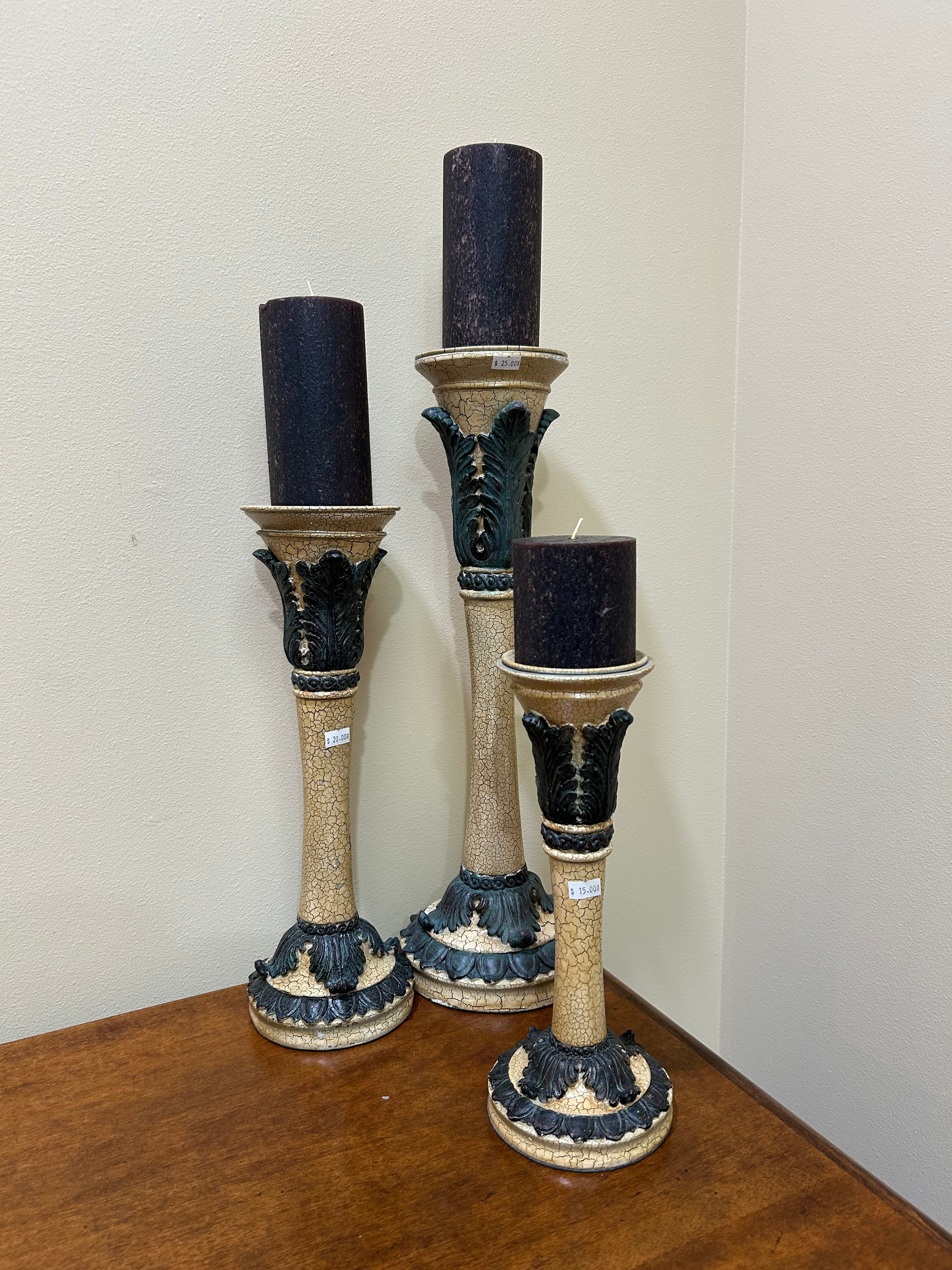 Ornate Green and Cream Candlesticks (SET OF 3)