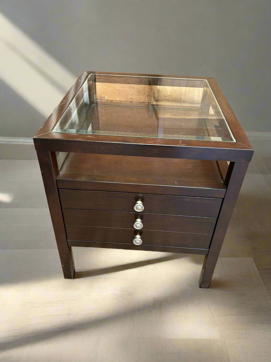 3 Drawer Glass top Accent Table