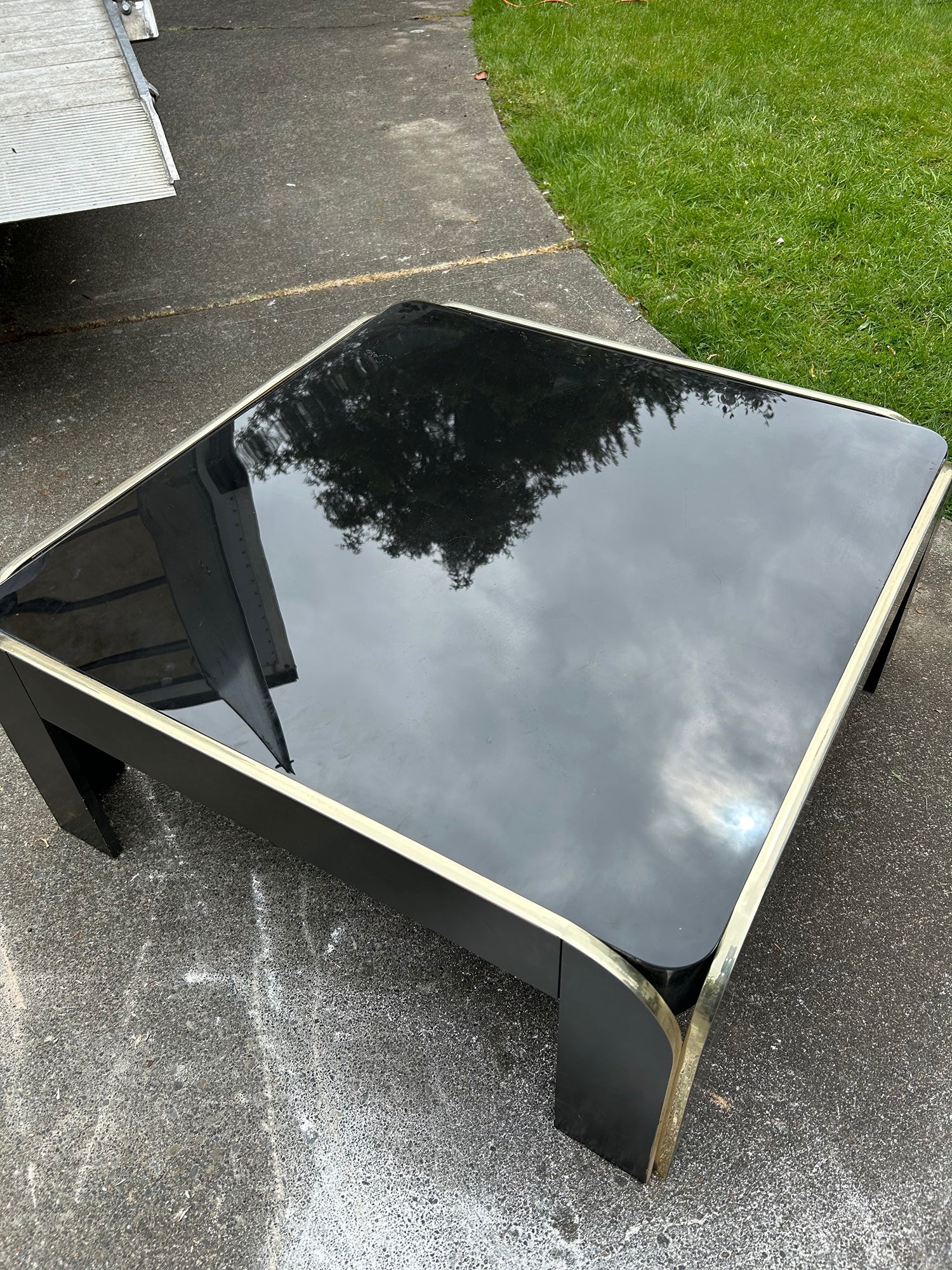Black Glass with Brass Trim Coffee Table, Designed by Brinda Pridgen
