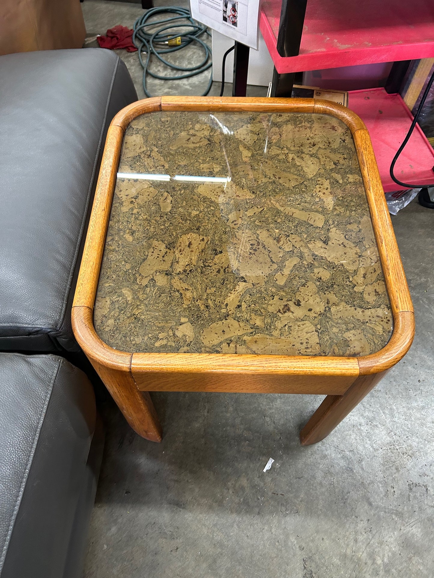Mid-Century Oak Side Table with Tinted Glass and Burl-Style Inlay
