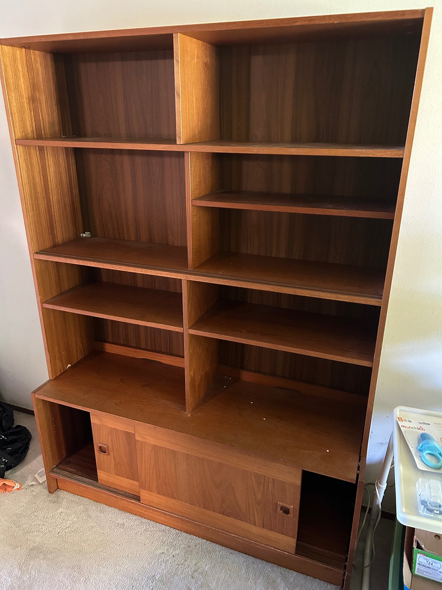 Domino Mid-Century Modern Walnut Wall Unit Bookshelf with Sliding Doors