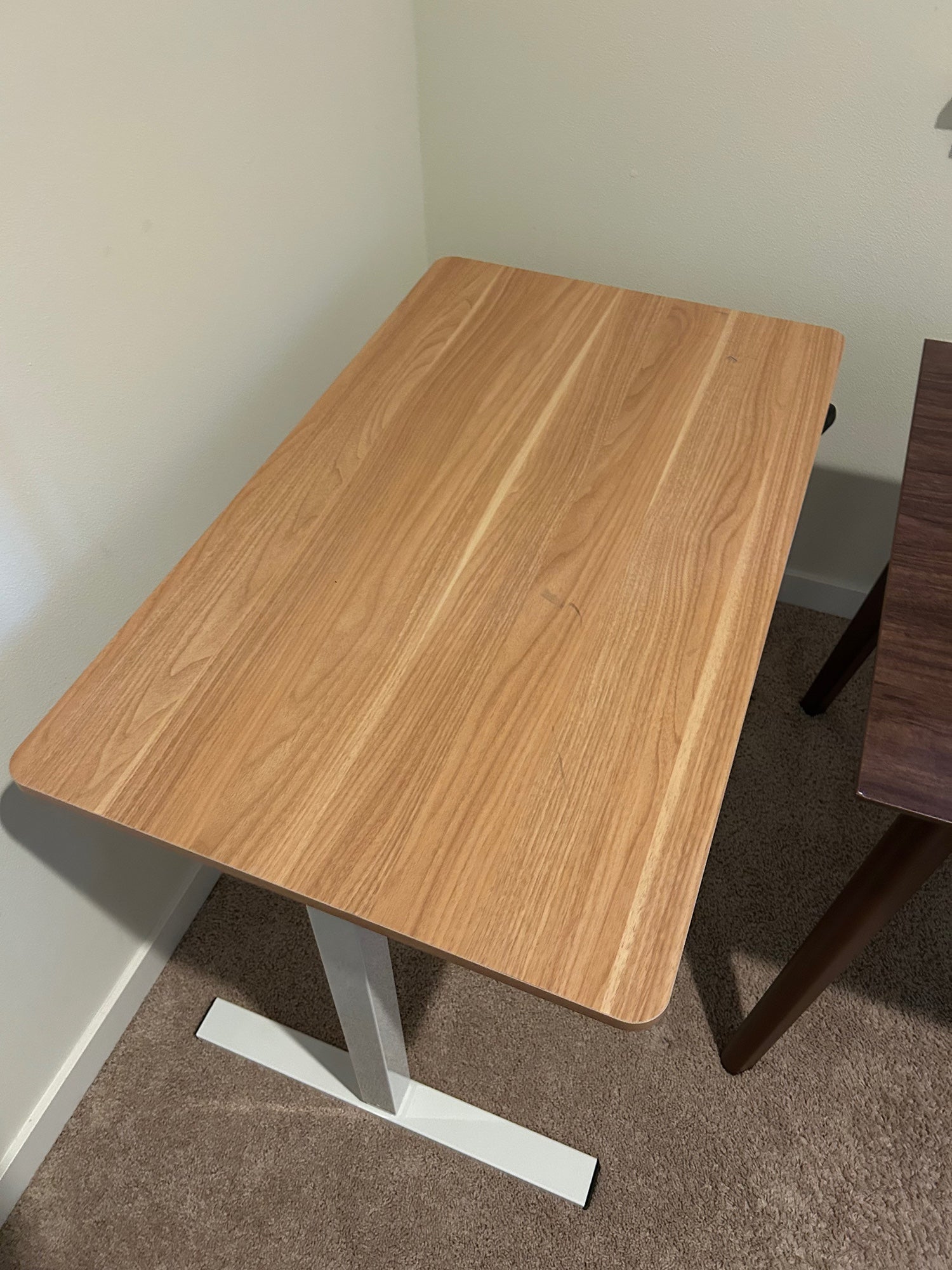Electric Sit-Stand Desk with White Base and Woodgrain Top