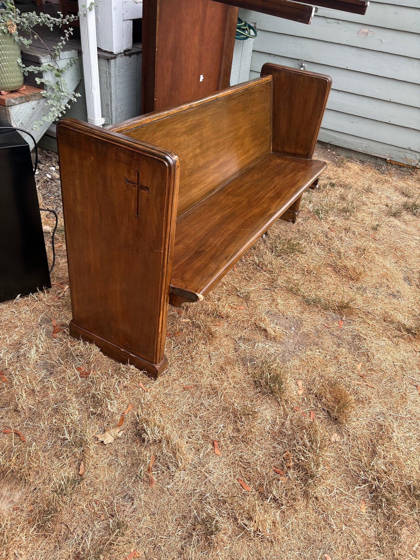 Vintage Solid Wood Church Pew with Carved Cross Detail
