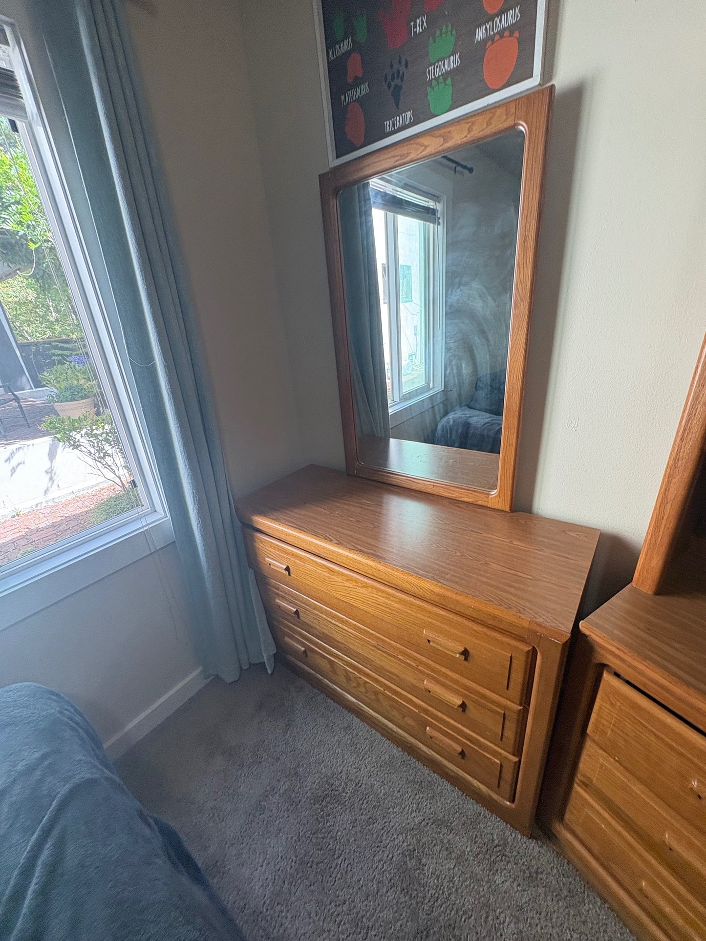 Oak Wood Three-Drawer Dresser with Mirror