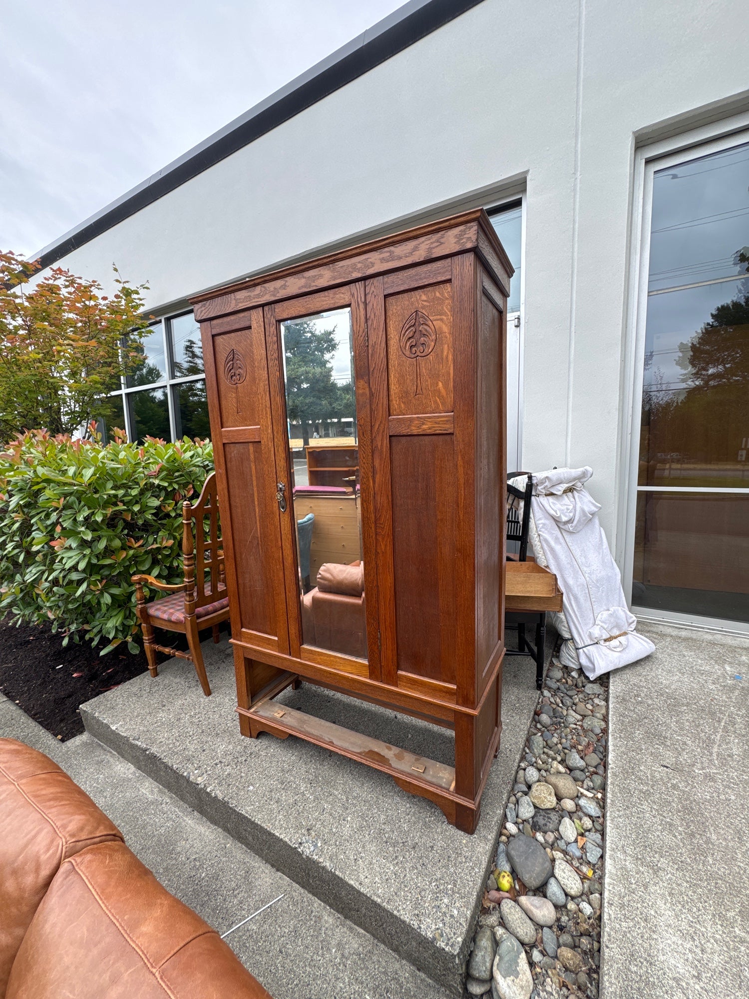 Antique Oak Armoire with Mirror & Carved Details