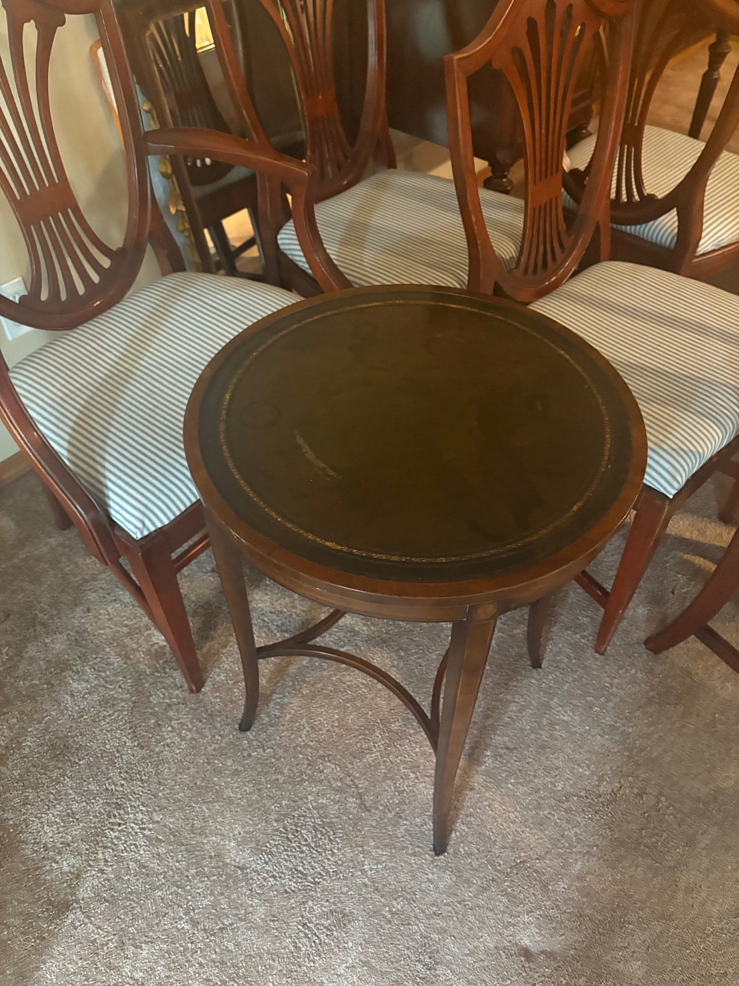 Round Wood End Table with Leather Top
