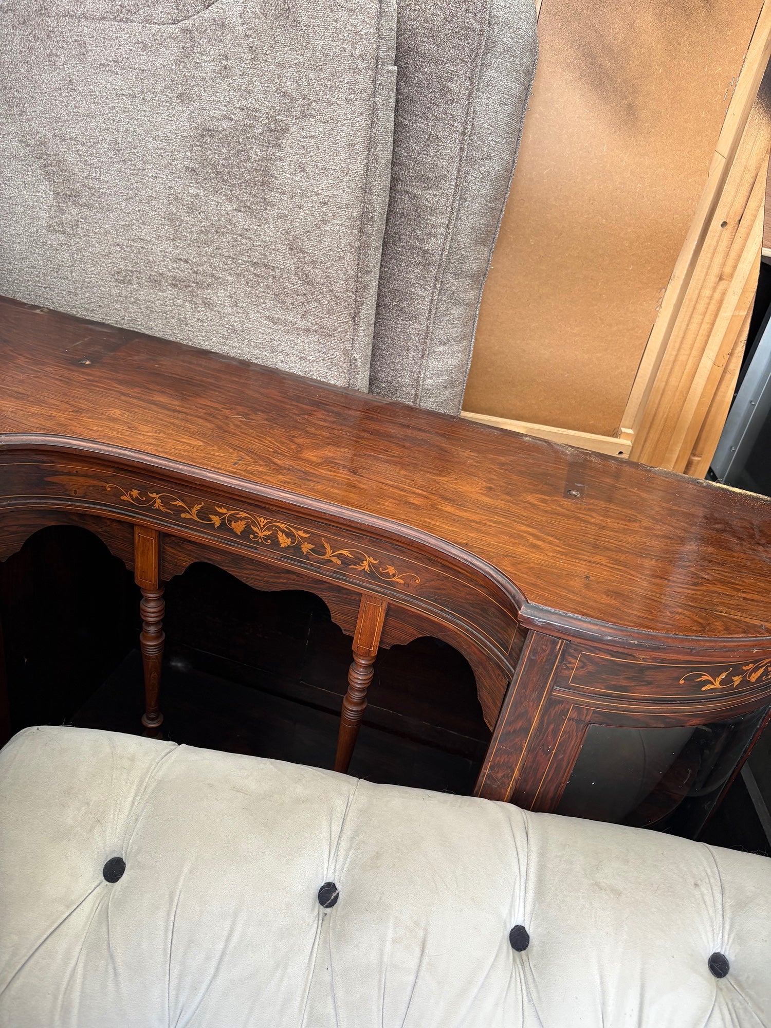 Very poor condition*** Antique Curved Wood Buffet with Intricate Inlay