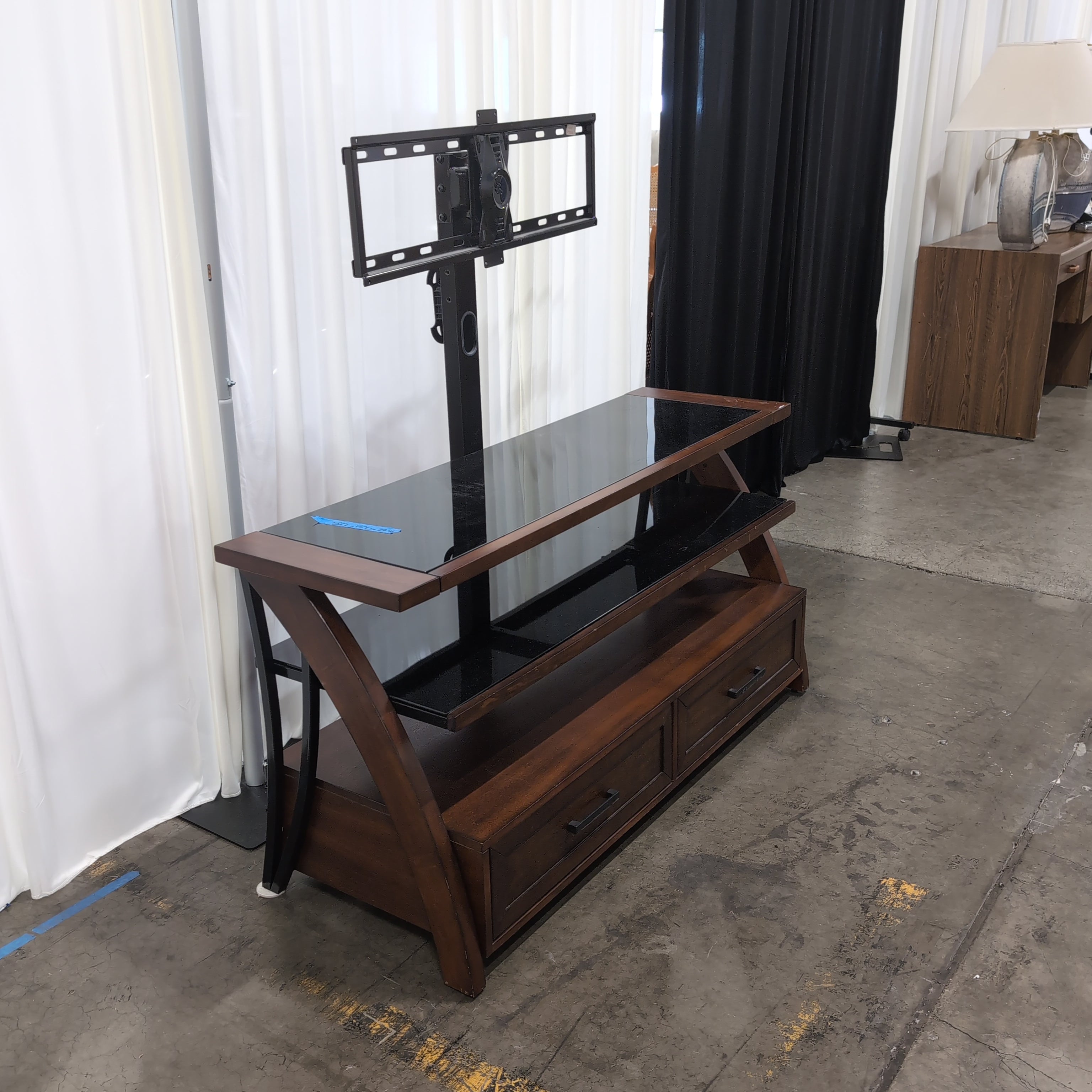 Dark Wood and Glass TV Stand with Integrated Mount