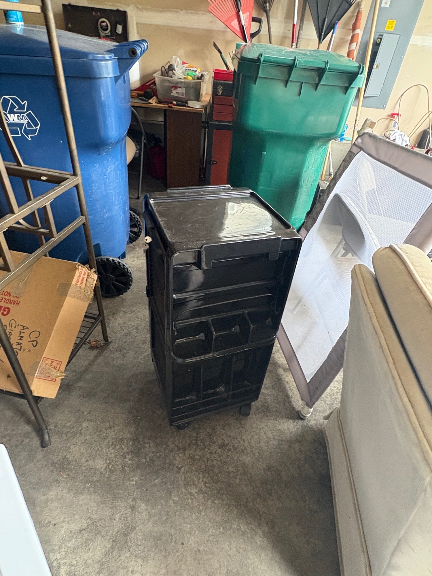 Black Plastic Rolling Storage Cart with Multiple Compartments