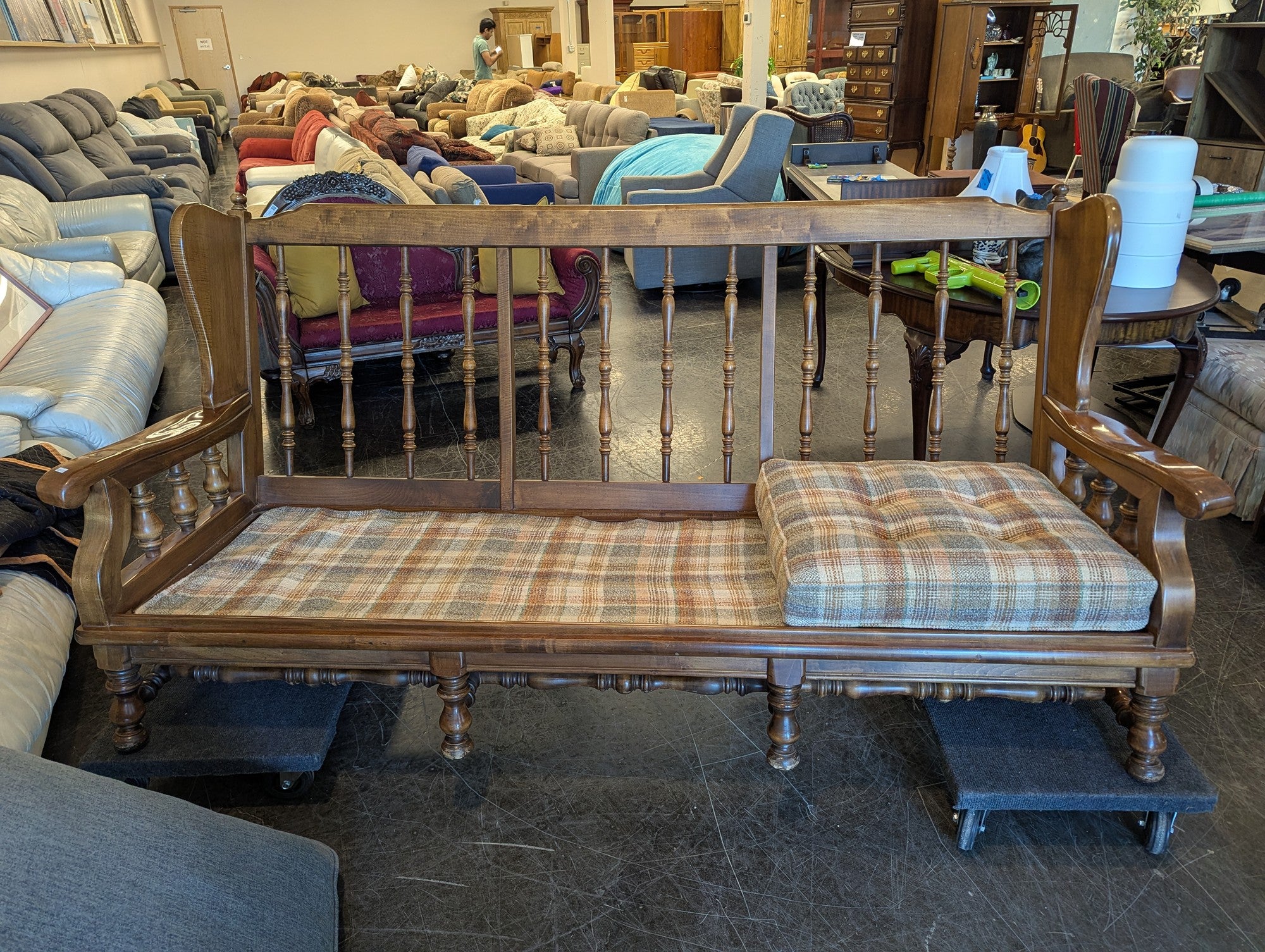 Rustic Wooden Settee with Plaid Cushion