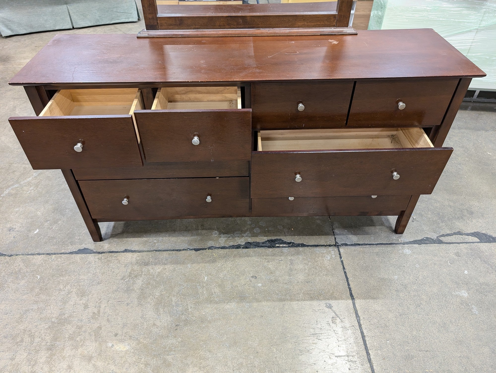 Dark Brown Wood Dresser with Mirror, Eight Drawer Storage Chest