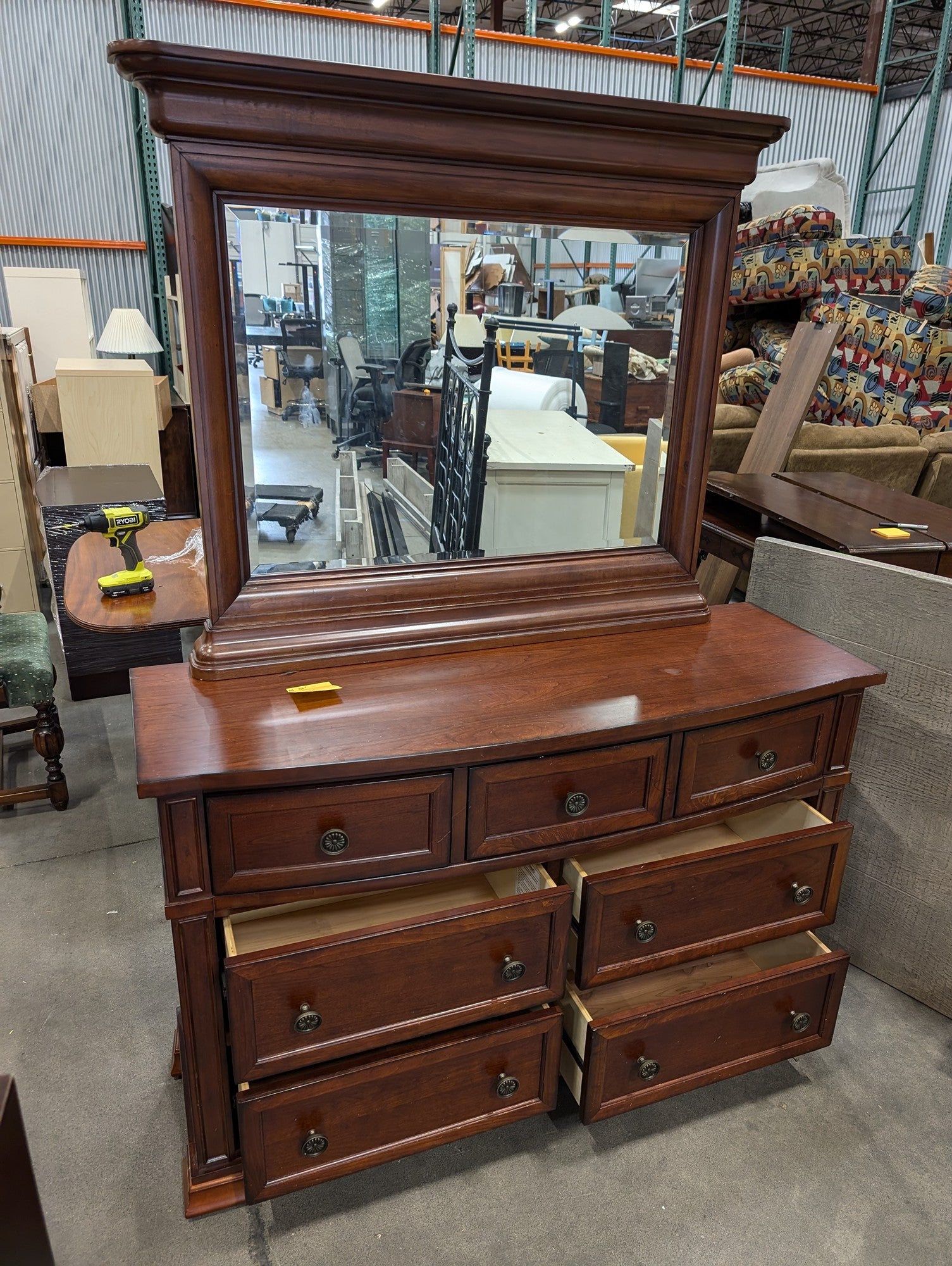 Bassett Richly Stained Wood Dresser with Matching Mirror