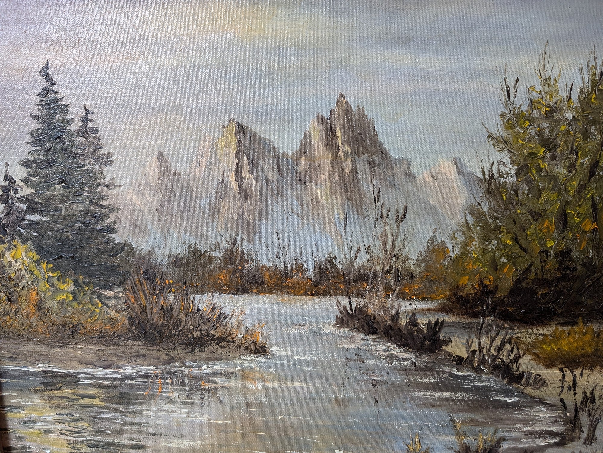 Stowell Signed Vintage Mountain River Landscape Oil Painting
