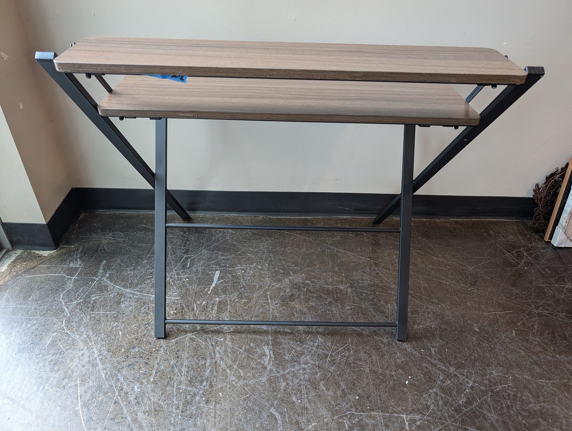 Compact Wood-Grain Desk with Elevated Shelf