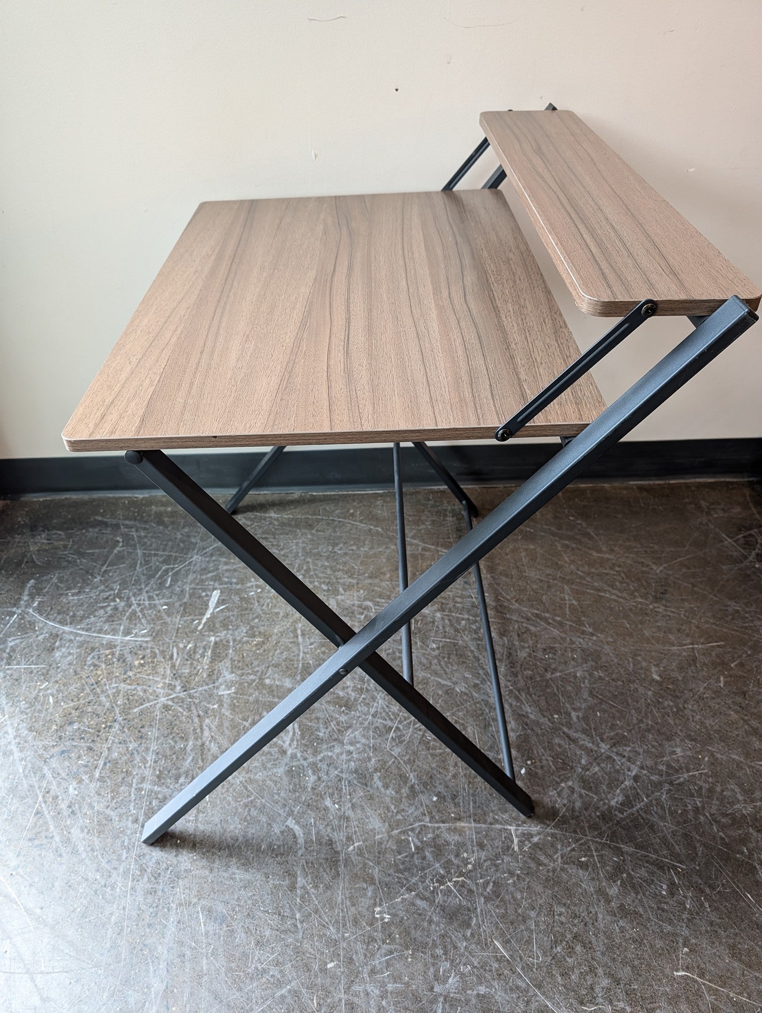 Compact Wood-Grain Desk with Elevated Shelf